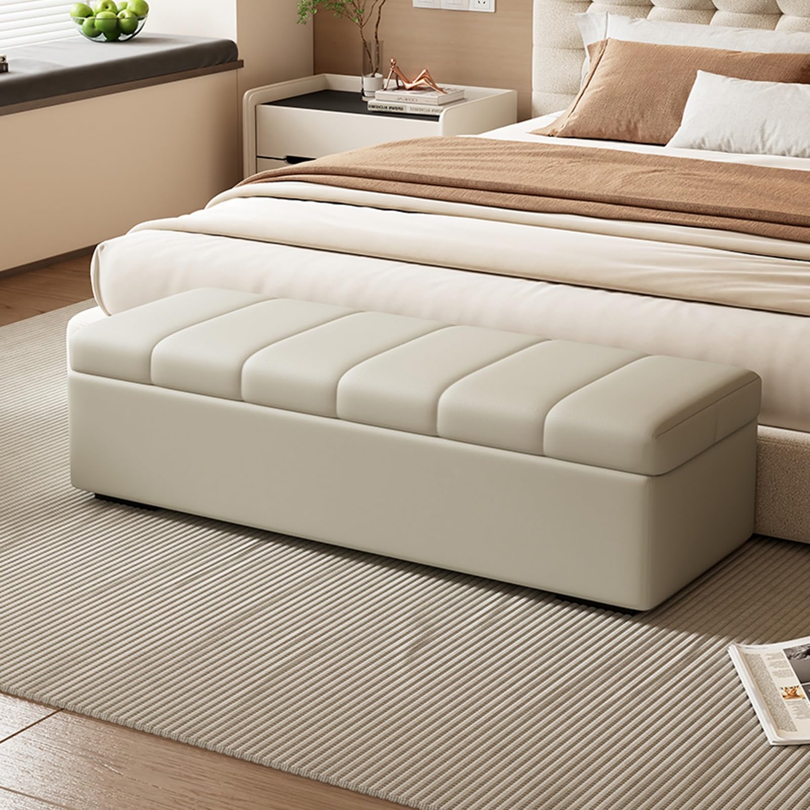 WJFTODAY Beige Leather Storage Ottoman Bench for Entryway & Bedroom 120cm Footstool for Shoes & Toys Stylish Living Room Seating & nization Solution