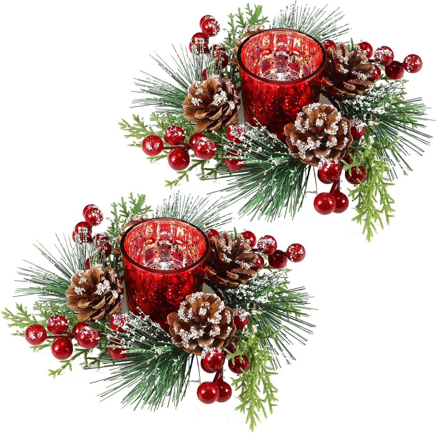 2 Set Candle Holder Centerpiece Christmas Glass Candle Holder with Artificial Snowy Pinecone