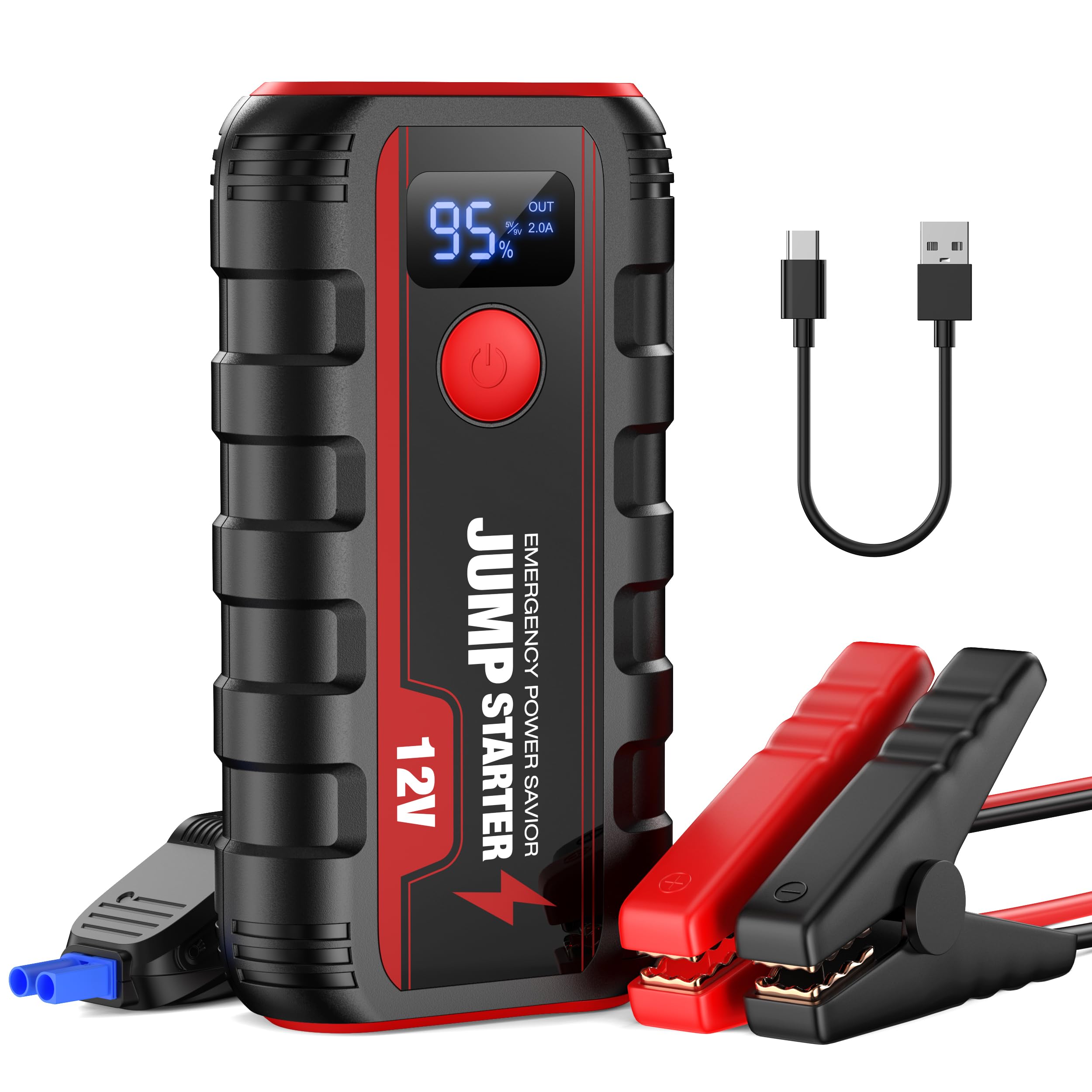 Ginarelo Jump Starter Power Pack Booster - Portable 12V Car Battery Jumpstart Bank Motorcycle Jumper Start with Leads LCD Screen LED 13200Mah Engine Up To 6.0L Gas or 5.5L Diesel