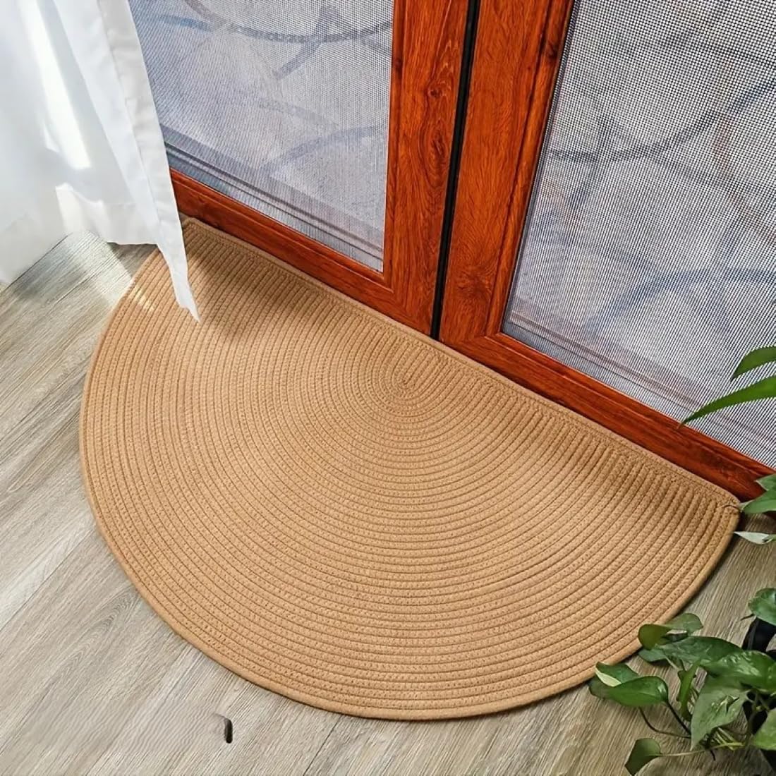 Semi-Circular Braided Doormat, Modern Boho Style, Polyester, 50x80 cm, for Entryway and Bathroom (Beige)-image-8
