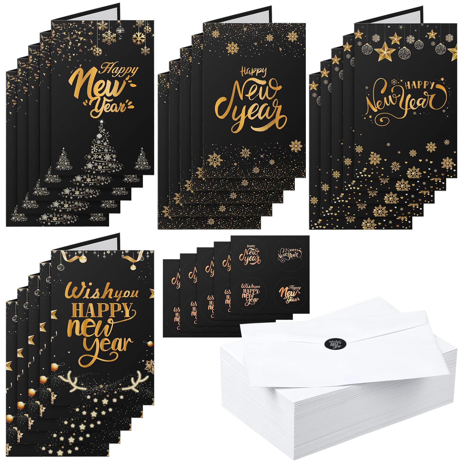 Resurhang 100 juegos de tarjetas de felicitación de Año Nuevo con sobres y calcomanías, papel de aluminio negro, tarjeta de notas en blanco para fiestas familiares, regalos de vacaciones, suministros