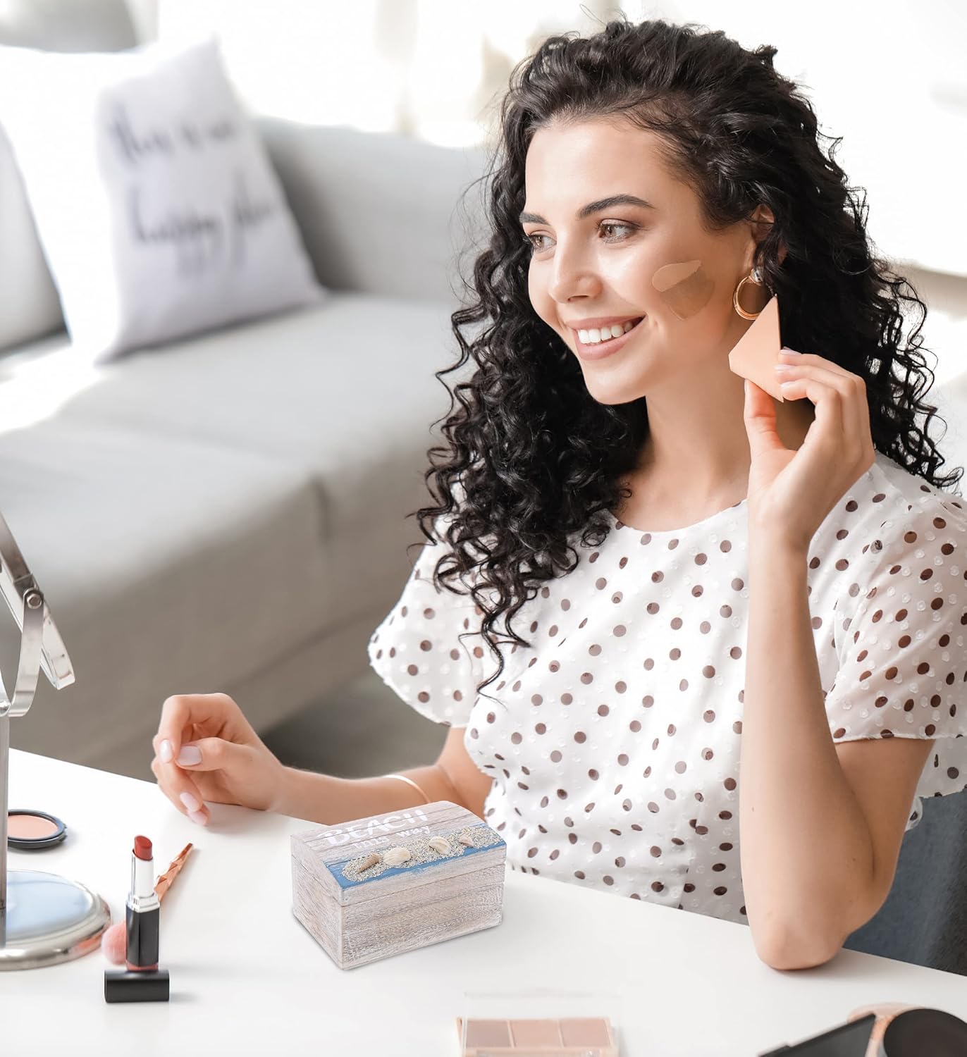 CoTa Global Aqua Sky Wooden Beach Jewelry Box, 3 Pcs Set - Handcrafted Nautical Box with Seashells Decorations, Tabletop Home Decor, Sea Shell Jewelry Storage Organizer Set