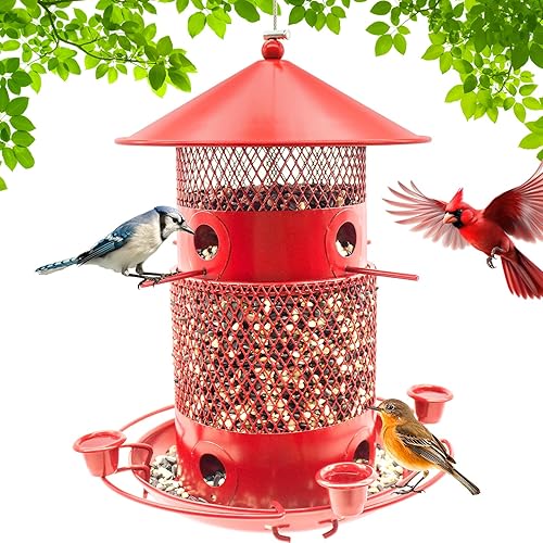 Comedero para pájaros a prueba de ardillas, comedero de metal para colgar al aire libre, capacidad de 4 libras, 8 puertos de alimentación, comedero