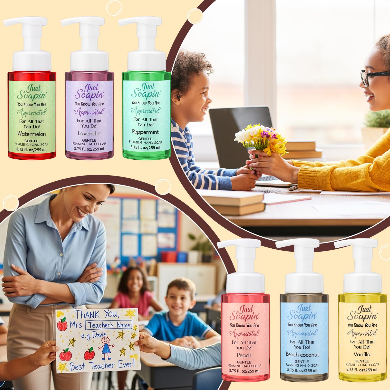 6 Pack Teacher Appreciation Foaming Hand Soap Gifts with Tags and Twine