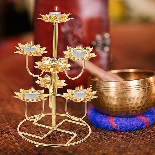 Miniatura 9 de HOMSFOU Lotus Ghee Lámpara Mantequilla Candelabro Budista Lámpara de aceite de latón Portavelas Votivo Candelabro para Altar Budista Suministros
