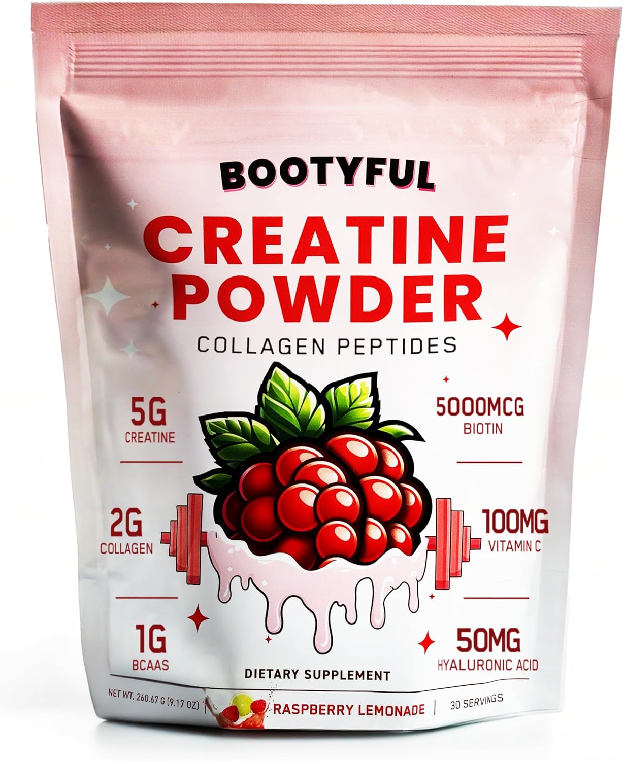 Creatine Monohydrate Powder for Women – Booty Builder – Pink Lemonade – Packed with Collagen, Biotin, BCAAs, Hyaluronic Acid & Vitamin C – Lean Muscle & Skin Hydration Support – 30 Servings