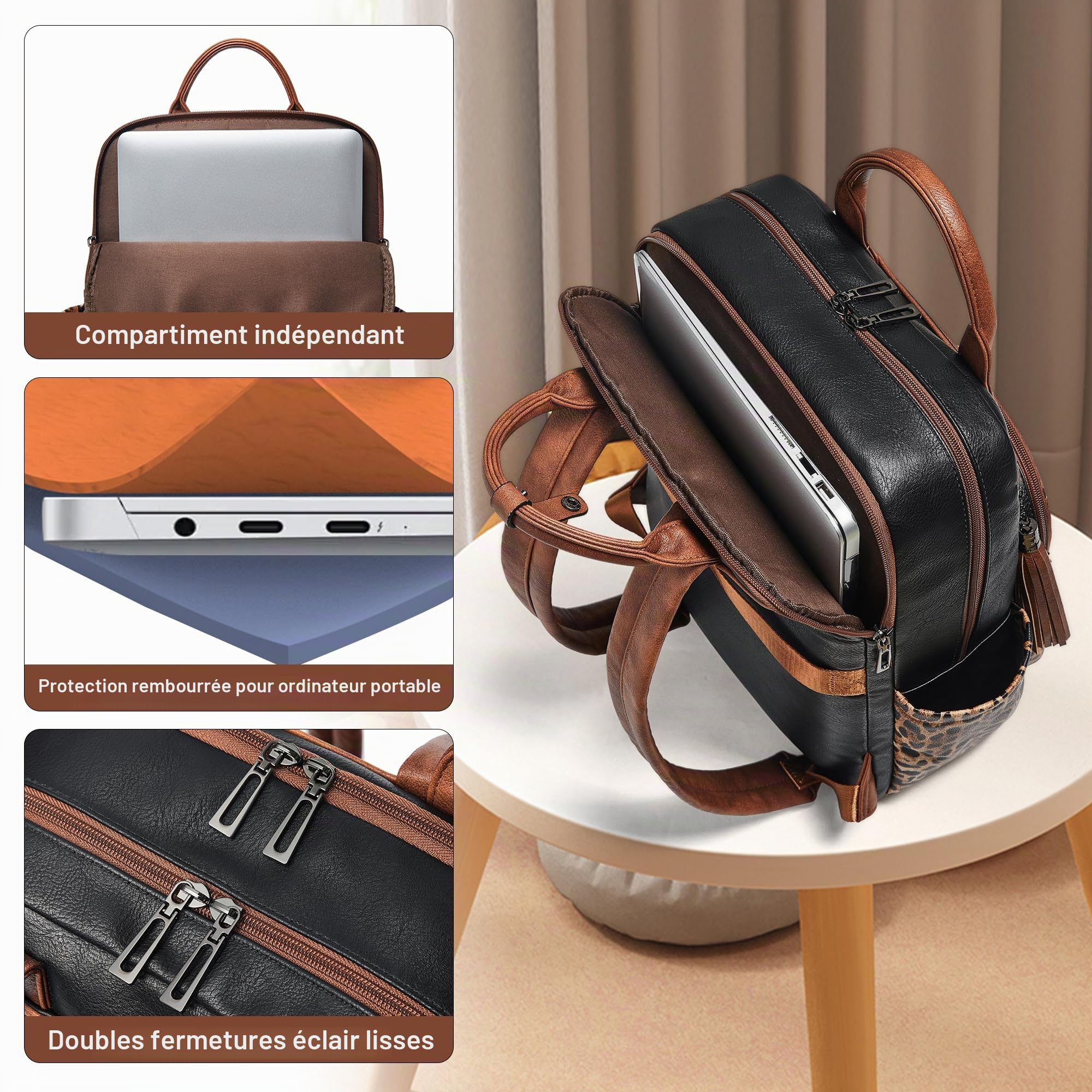 Shrrie Sac à dos ordinateur portable femme 15,6 pouces en cuir