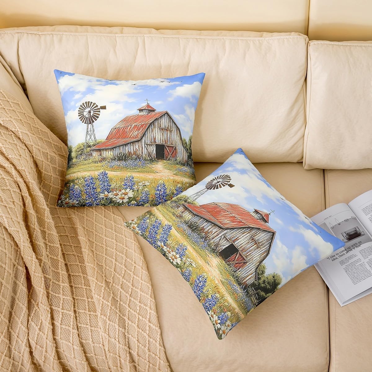 Erosebridal Pack of 2 Rustic Farmhouse Pillow Covers Red Barn Surrounded by Bluebonnets & Windmill Throw Pillow Covers,Farmhouse House Decor,24x24 Inch