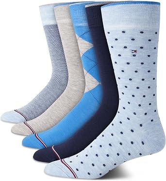 Tommy Hilfiger Mens Dress Socks - 5 Pack Lightweight Patterned Everyday Long Work Socks for Men for Casual & Formal Wear