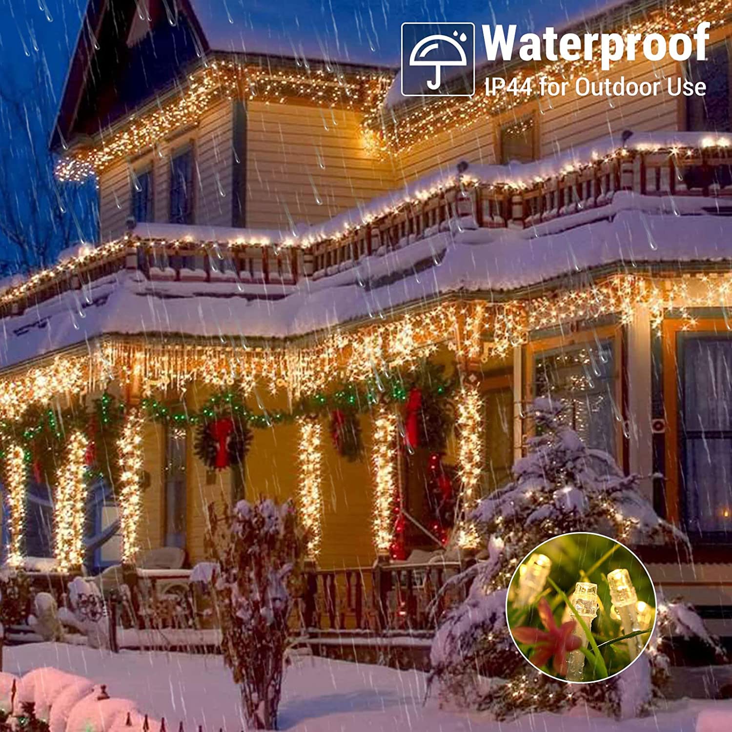 Qedertek Luci Natale Esterno Cascata 15M 612 LED Tenda Luminosa Bianco Caldo, Luci Natalizie da Esterno con Telecomando, 8 Modalità, Timer Luci Decorazione Natale per Feste, Finestra, Balcone