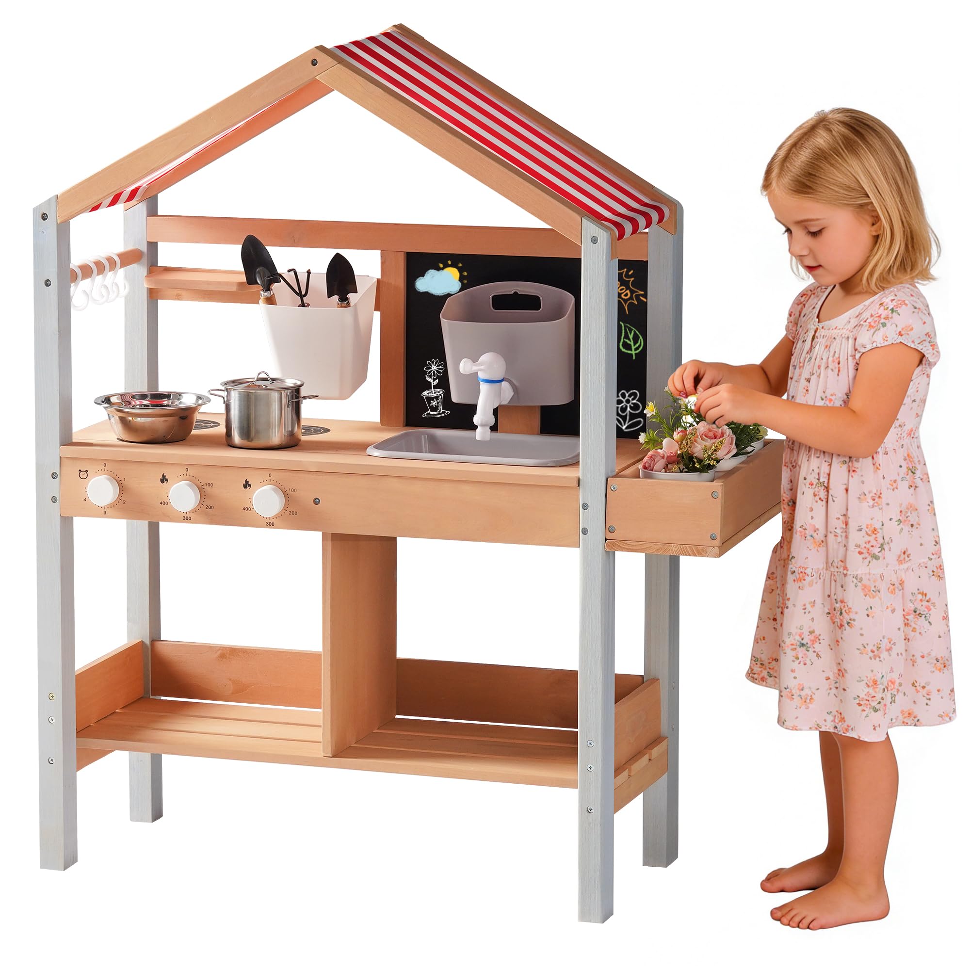 Mud Kitchen for Kids Outdoor Wooden Playset with Stove, Sink, Chalkboard & Storage, Pretend Play Kitchen with Canopy for Outdoor Fun，Boys and Girls, Ages 3+