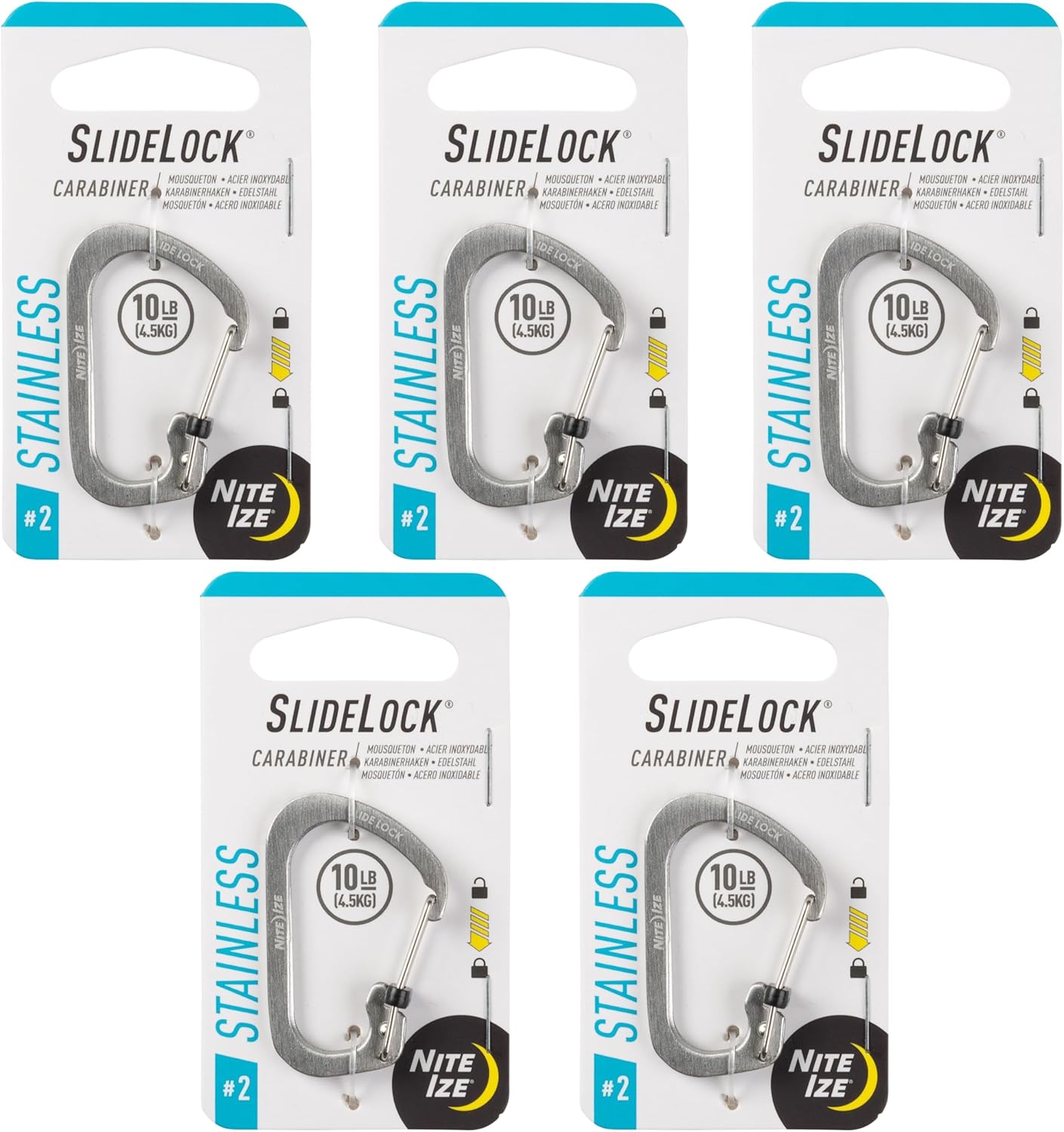 Nite IZE SlideLock Carabiner Stainless Steel - Key Holder Carabiner for Daily Use - Secure Keychain Organizer with Lock - Lockable Carabiner Fits Multiple Keys - Size 2 (5 Pack)