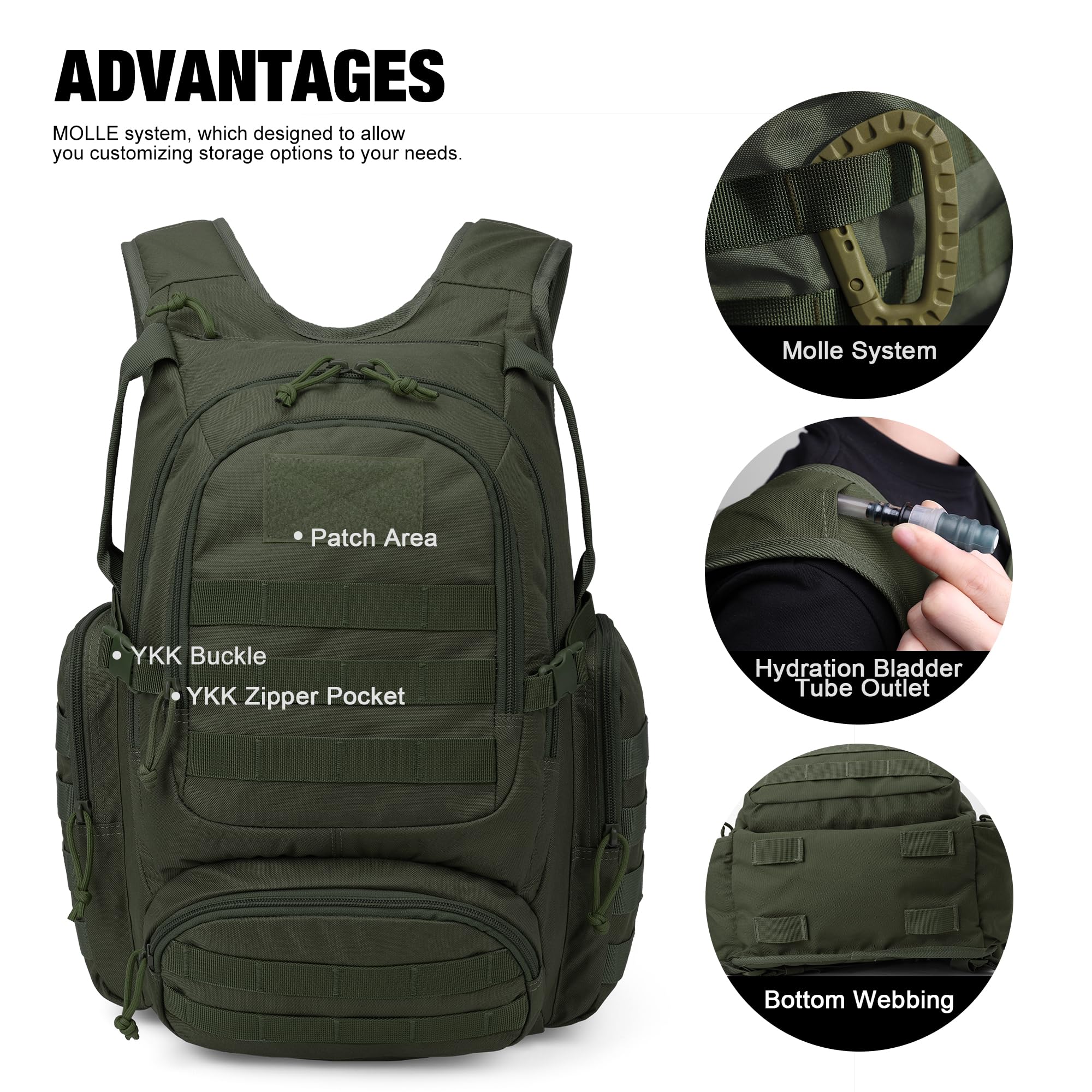 Mardingtop 25L Taktischer Rucksack Herren Trekkingrucksack mit Trinksystem | Militär Wanderrucksack Outdoor Backpack mit MOLLE-System und Abnehmbare Hüftgurt für Wander Outdoor Reise Daypack
