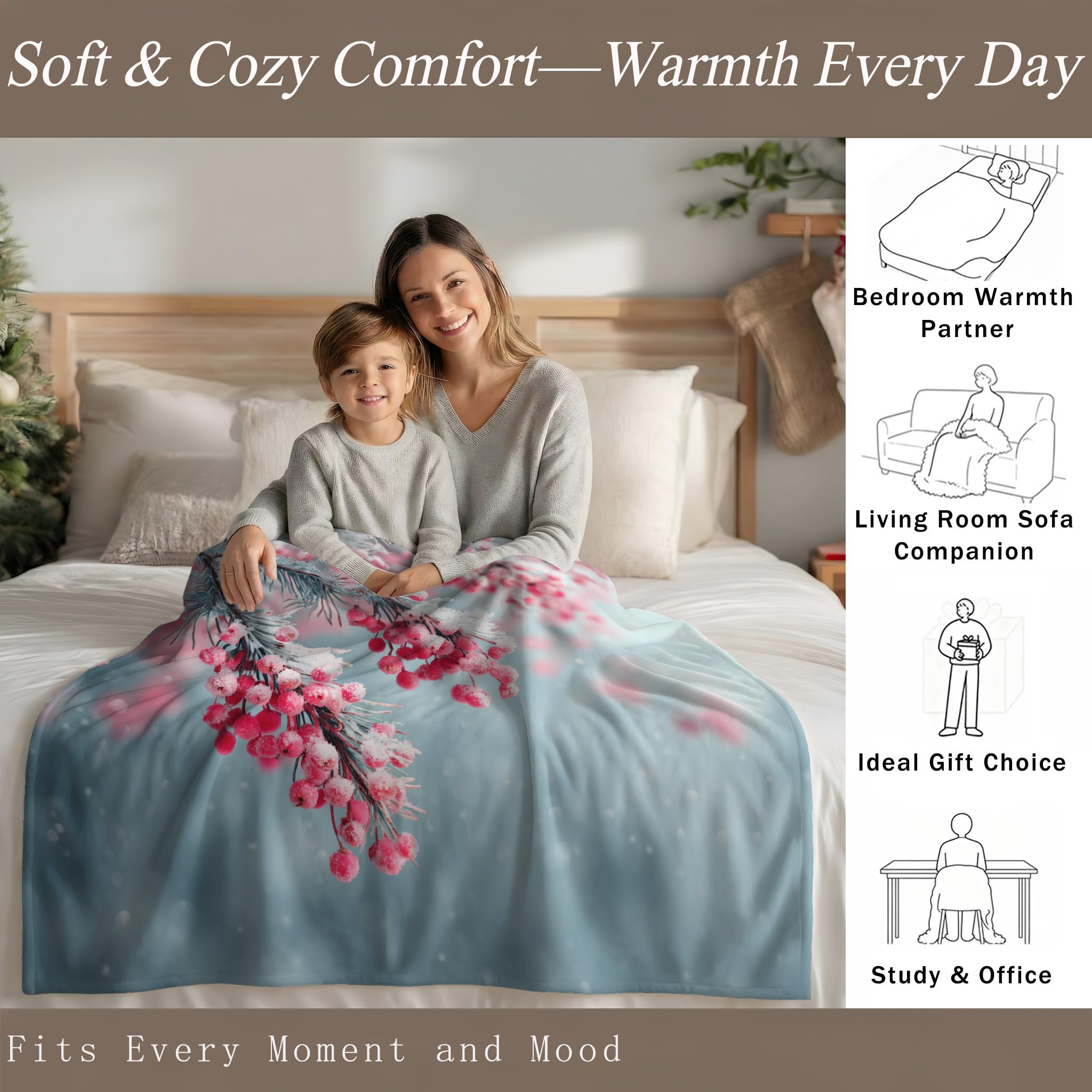 Generico Coperta Singolo Grigio Nebbia Lavabile in Lavatrice, Calda e Confortevole Coperte Pelosa per Divano e Letto, Floreale Bacche Ghiacciate Inverno Coperta Delicata sulla Pelle 150 x 200 cm