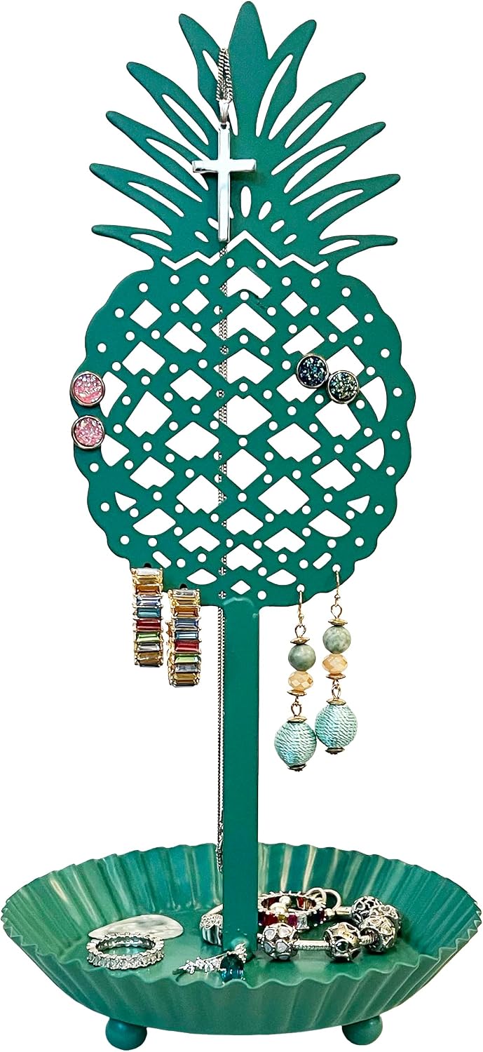 Top Brass Pineapple Earring Holder Organizer Metal Standing Jewelry Tree Display with Ring Tray - Coastal Tropical Beach Decor (White)