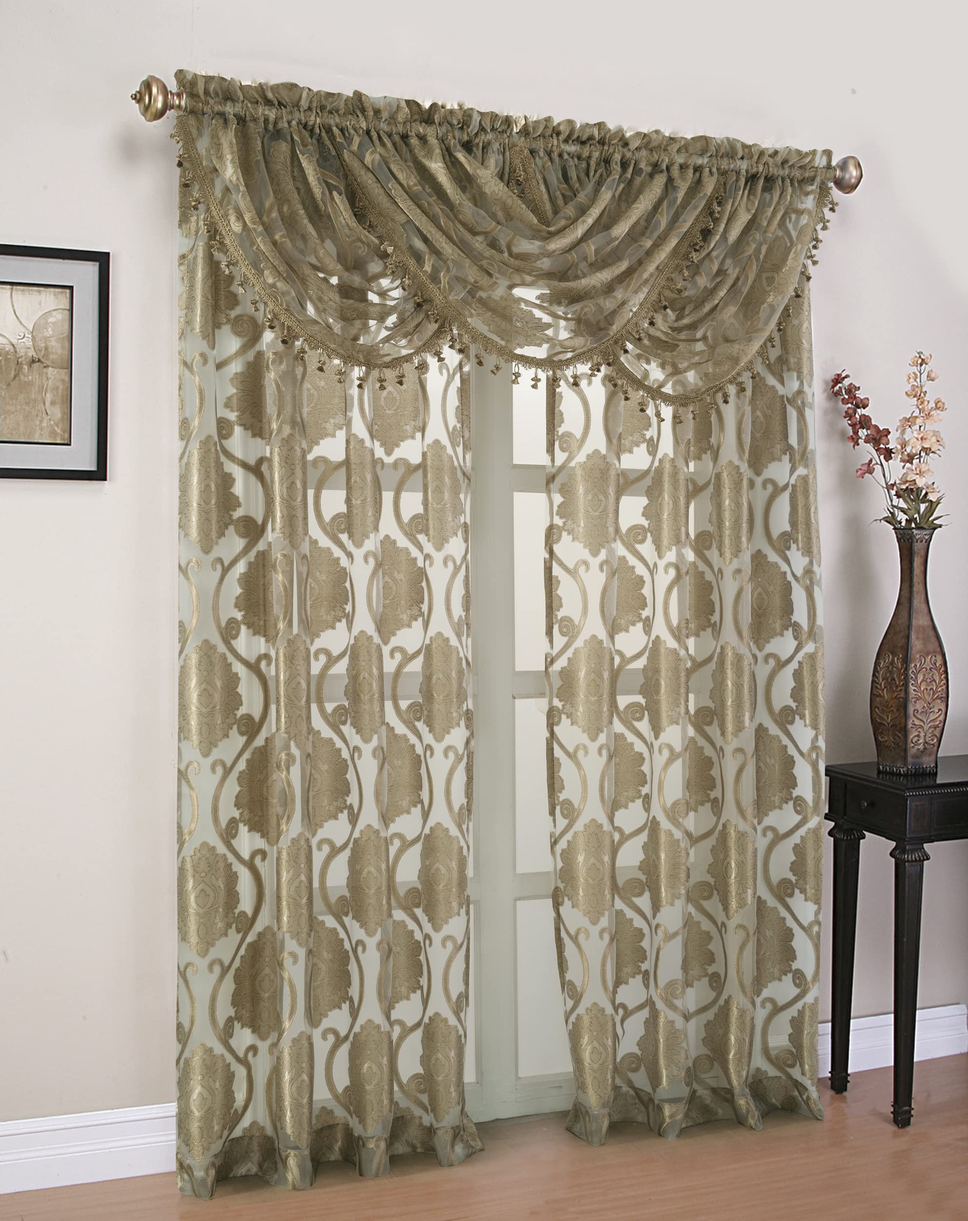 Regal Home Collections Milawi Decorative Clipped Sheer Valance - Waterfall Valance for Windows with Decorative Overlay - Elegant Curtain Valance for Windows (57in W x 37in L, Brown)