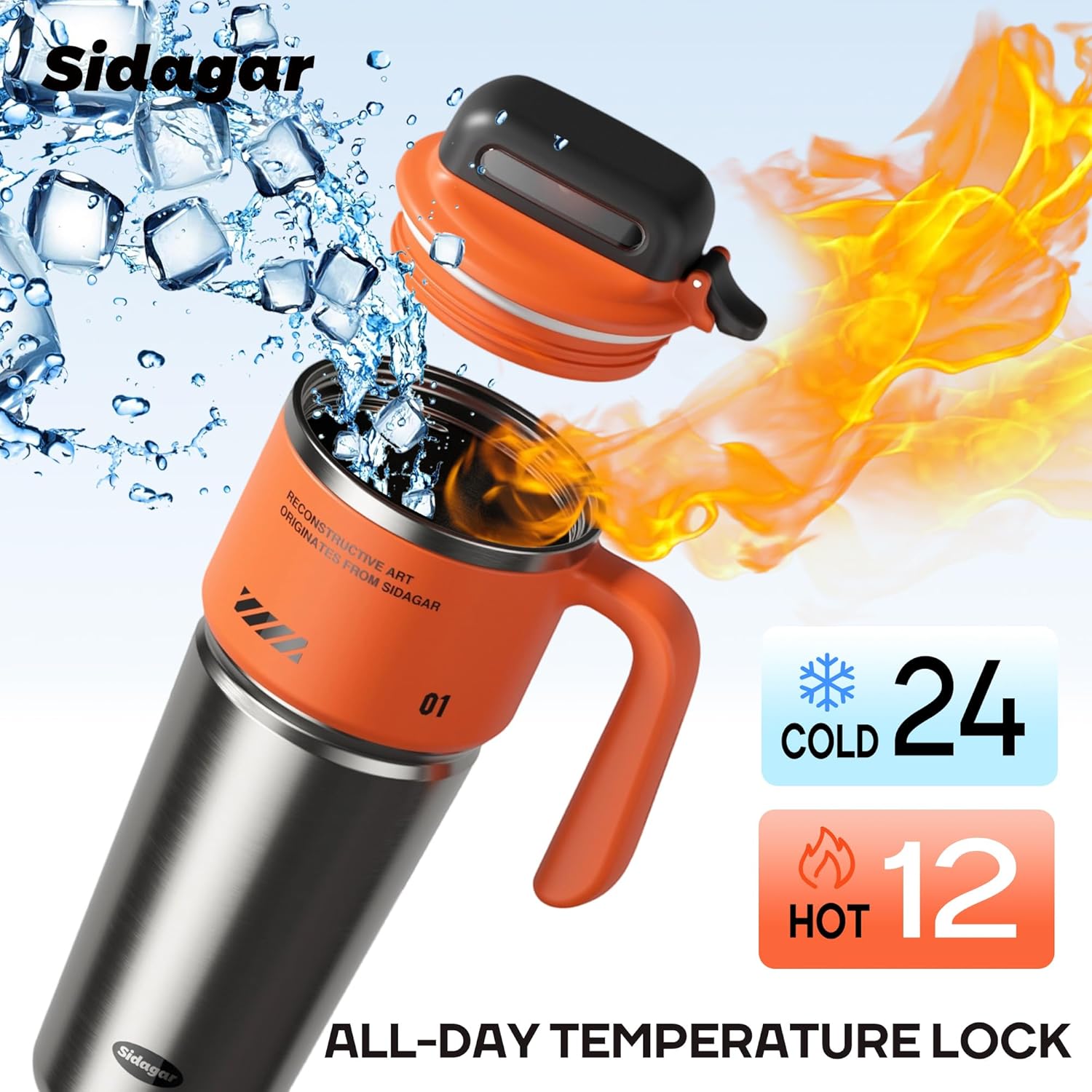 32 oz Stainless Steel Insulated Water Bottle with Handle for Men, Sports Tumbler with Lid, Push-button Leak-proof Travel Cup, Gaming Desk Hydration, Fits in Car Cup Holder - Dynamic Orange - Image 5