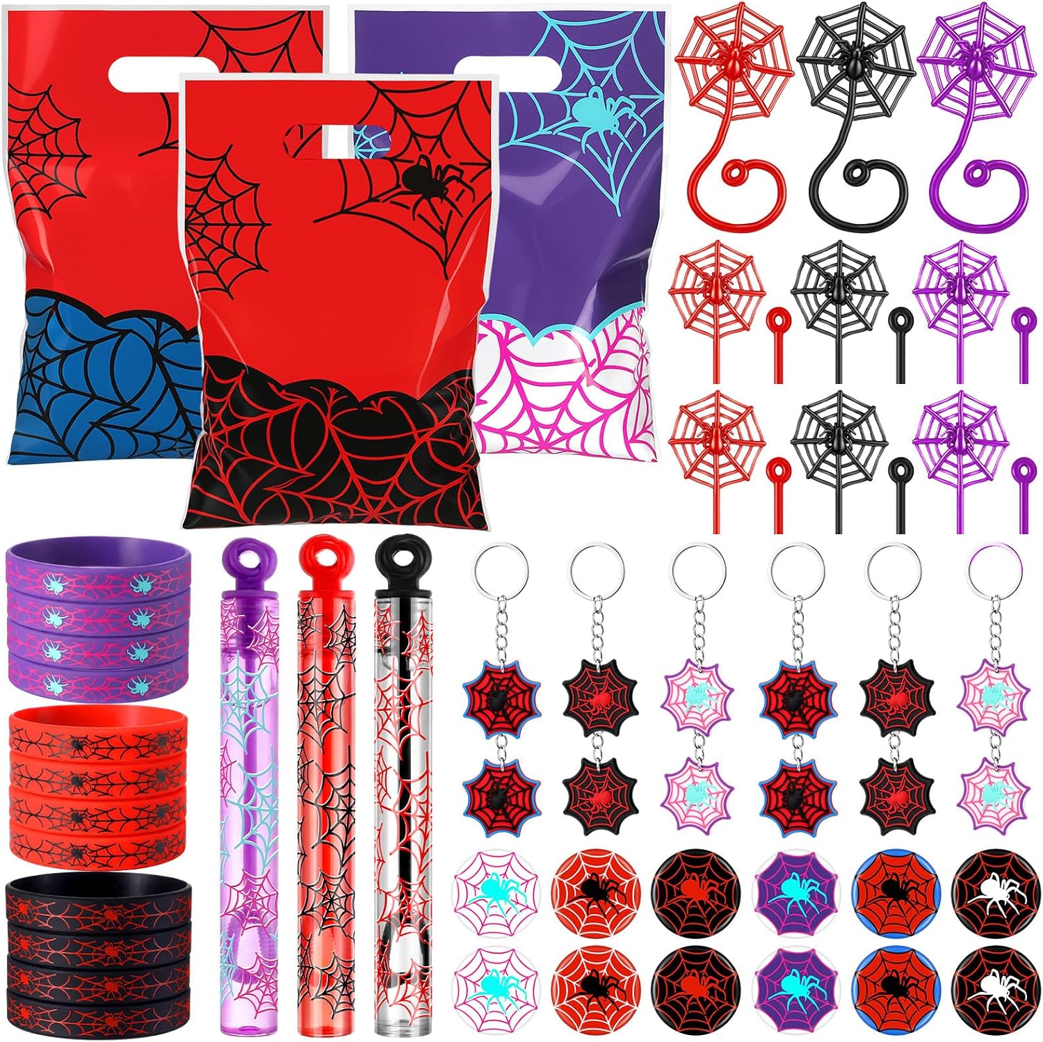 Skylety 72 Pcs Spider Party Favors Birthday Return Gifts Include Sticky Spider Web Bubble Wands Rubber Wristbands Silicone Keychains Gifts Bag Button Pins Goodie Bags Fillers (Black,Red,Purple)