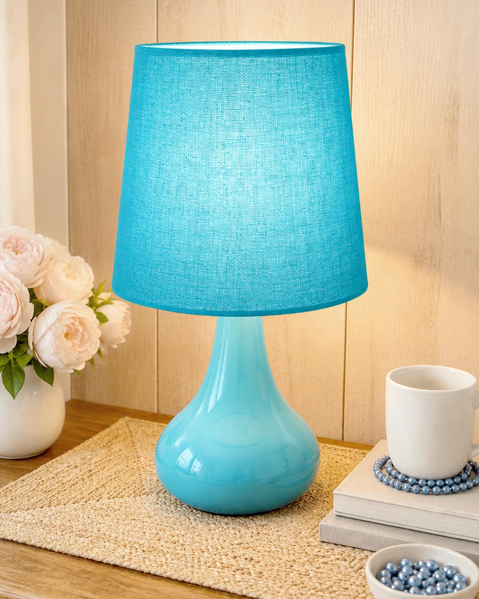 Homesake® Small Ceramic Table Lamp, Bedside Desk Lamp, Lamp for Living Room, Lamps for Bedroom, Farmhouse Bedside Nightstand, Modern Home Decoration Item, Décor Light, with Turquoise Fabric Shade
