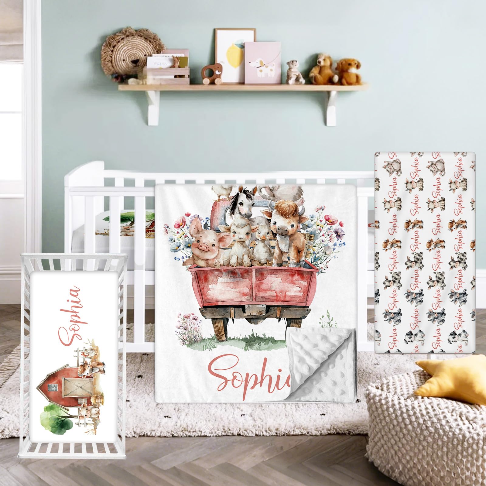 Hatchaa Custom Baby Crib Set with Name - Personalized Farm Animals Baby Bedding 3 Piece Set, Nursery Bedding Set for Girls Boys, Soft Blanket with Dotted Backing, Customized Gift for Infants Toddlers