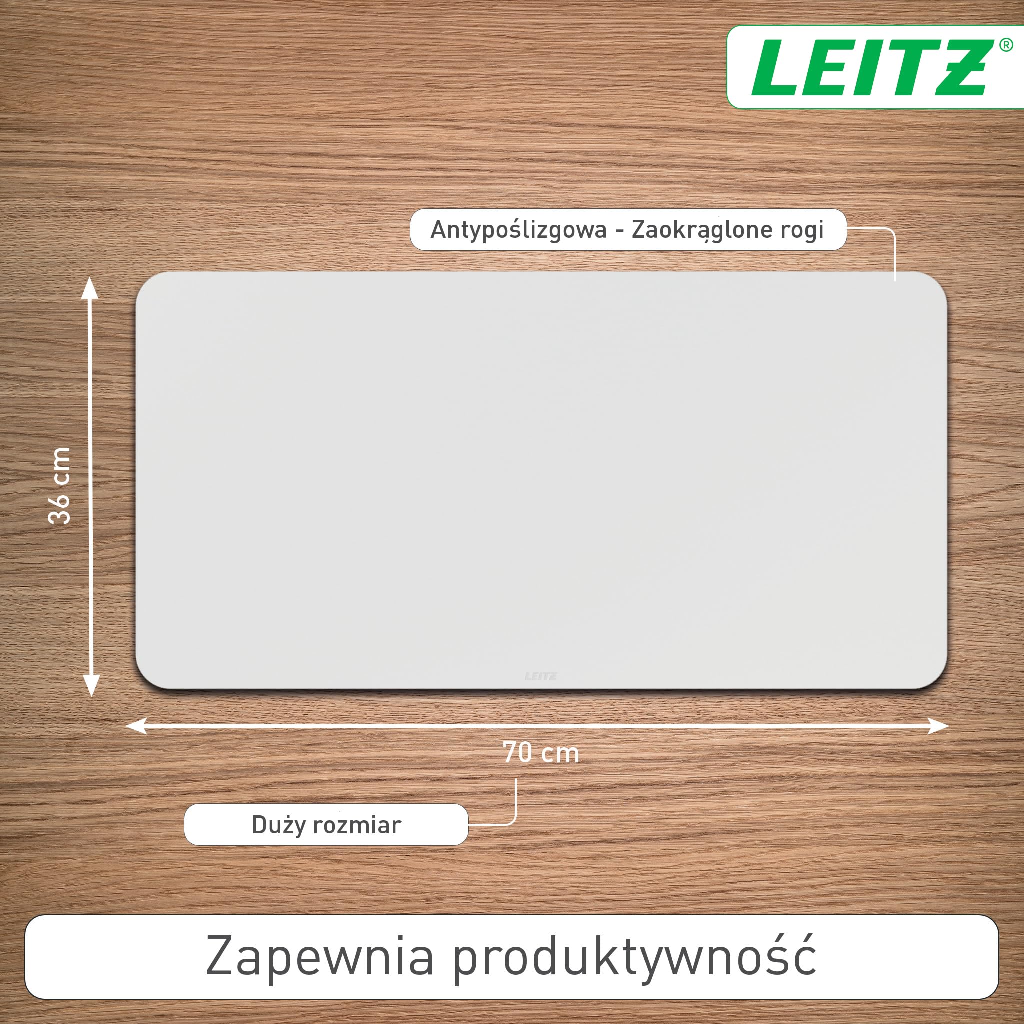 Duża skórzana mata Leitz na biurko – Wielofunkcyjna mata ochronna na biurko wykonana ze skóry pochodzącej z recyklingu, z wysokiej jakości, gładkim wykończeniem, 70 x 36 cm, jasnoszara