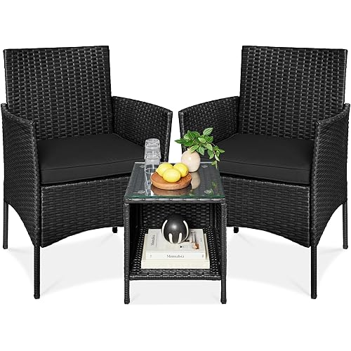 Best Choice Products 3-Piece Outdoor Wicker Conversation Bistro Set, Space Saving Patio Furniture for Garden w/Side Table - Black/Black