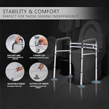 Lianjindun Toilet Safety Rails (350 lb), Adjustable Toilet Frame for Elderly, Seniors, Handicap & Disabled, Foldable Handicap Toilet Handles Fit Any Toilets (Gray)