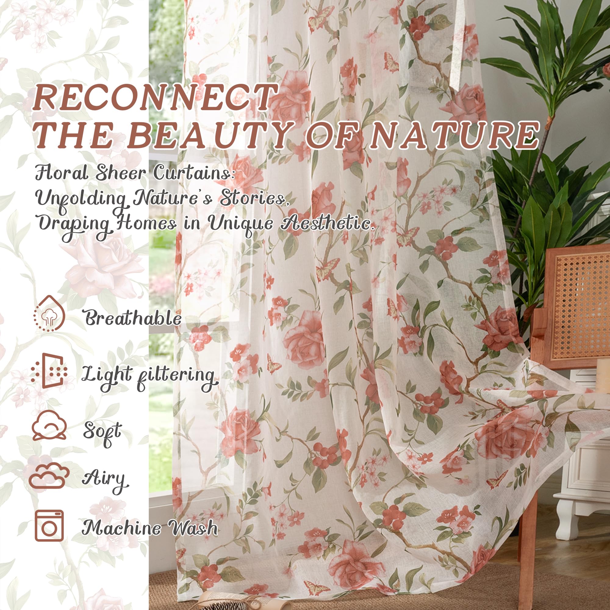 Lajode Lot de 2 Rideaux Transparents à Motif Floral, Lin Semi-Transparents 213,4 cm Passe-Tringle