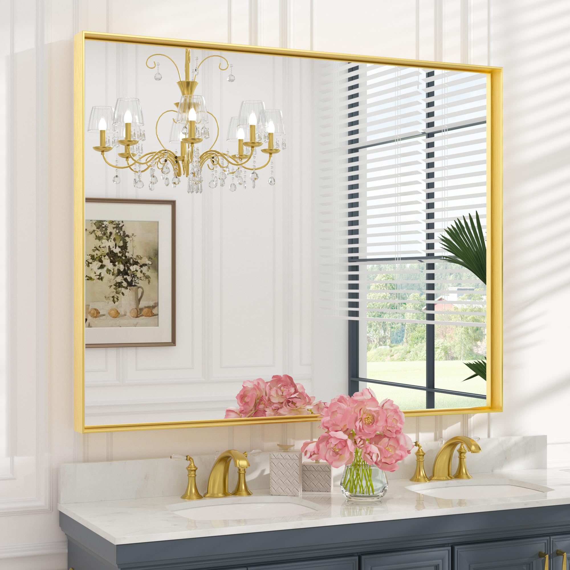 Keonjinn 48x40 Inch Gold Bathroom Mirror for Over Sink, Modern Farmhouse