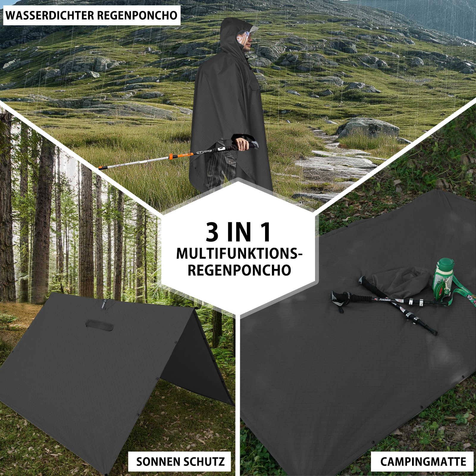 Andake 3-in-1 Regenponcho, Wasserdichter Regenponcho unisex, Wiederverwendbar, Leicht & Tragbar, Ideal für Camping, Wandern & Angeln im Freien