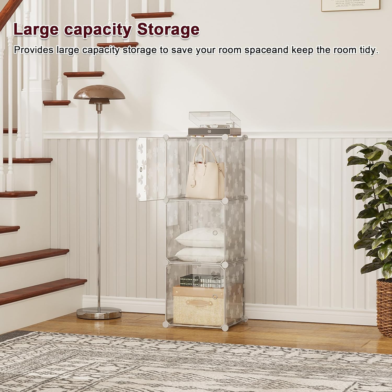 C&AHOME Cube Storage Organizer with Doors, 3-Cube Shelves, DIY Plastic Modular Bookshelf, Closet Clothes Storage Shelving Ideal for Bedroom, Living Room, Clover Embossed, White