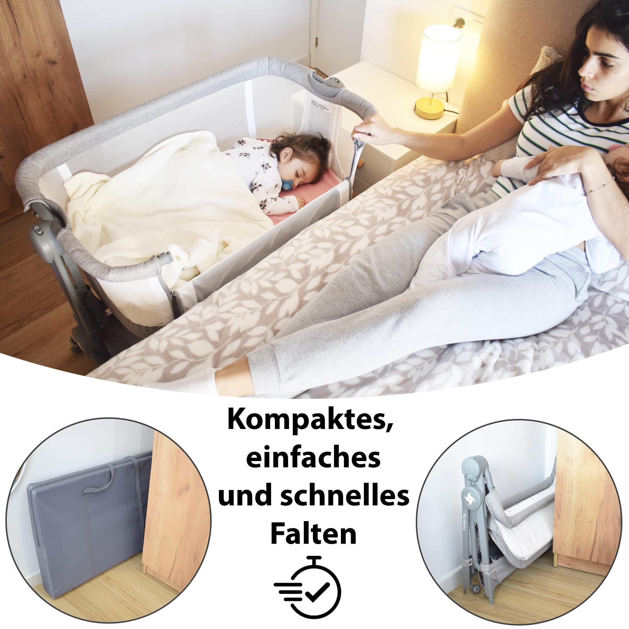 Twinly – Beistellbett Baby Comfortly mit Rollen | Klappbar & Höhenverstellbar (5 Stufen), Atmungsaktiv ab 0+ Monate bis 9 kg, inkl. Matratze, Laken & Tasche – Ohne Montage (Beige) | Höhenverstellbar und Anti-Rückfluss-Funktion, inklusive Matratze, Bettlak
