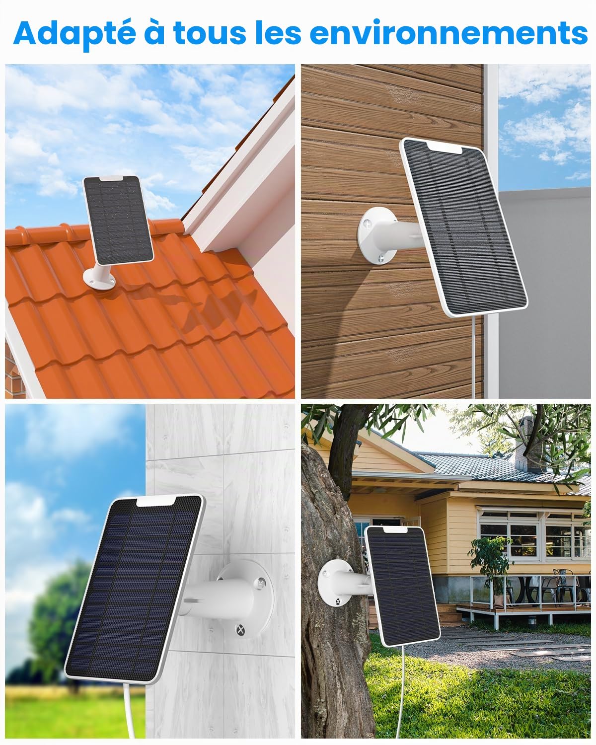Lot de 3 chargeurs de panneau solaire Arlo Essential/XL, 5 W étanche IP65, câble micro USB 3 m, support mural (pas pour