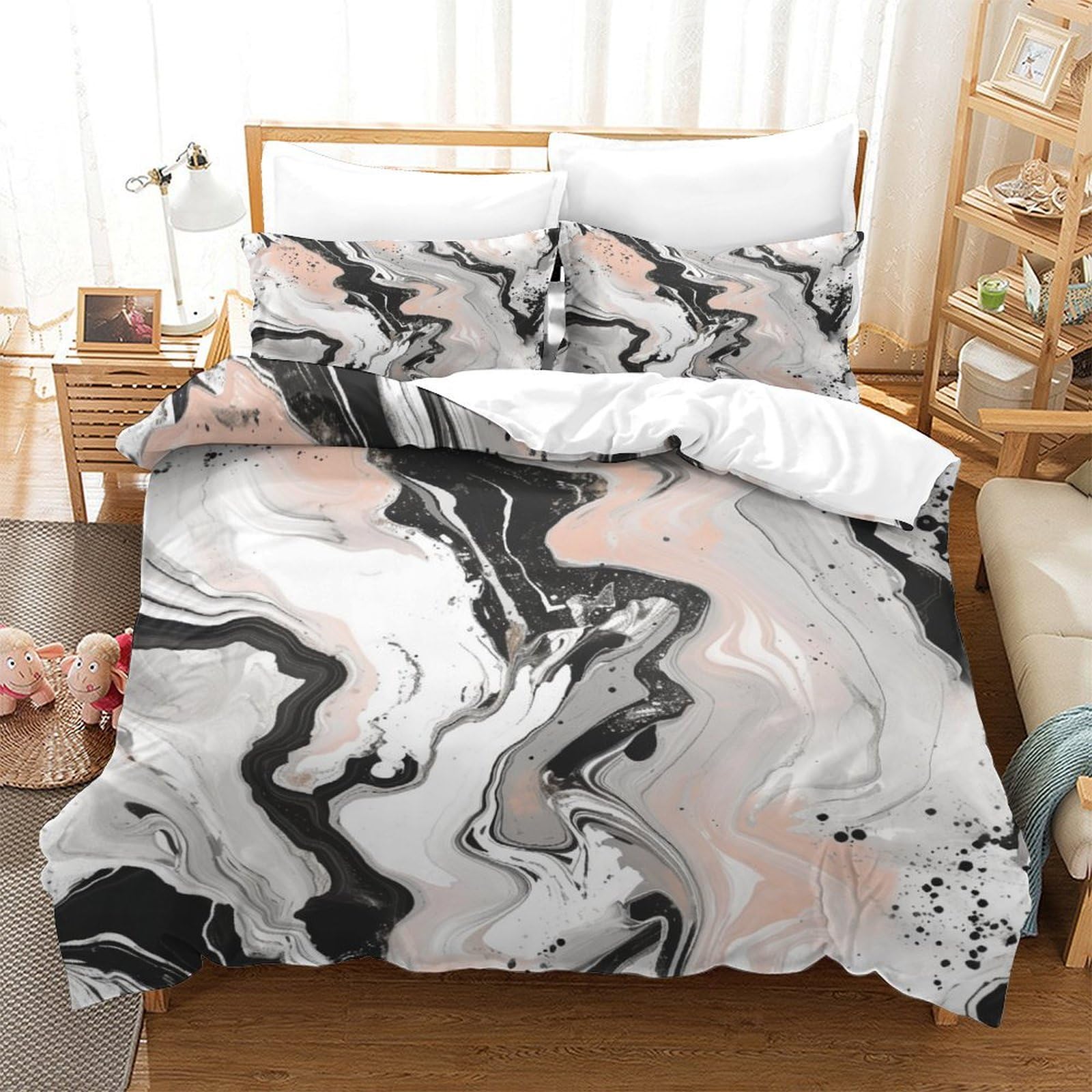 P1S9U7W5Y Minimalist Marble Pattern 3D Printed Duvet Cover Set 3pcs Microfiber Artistic Black White Bedding Set King（220x240cm）