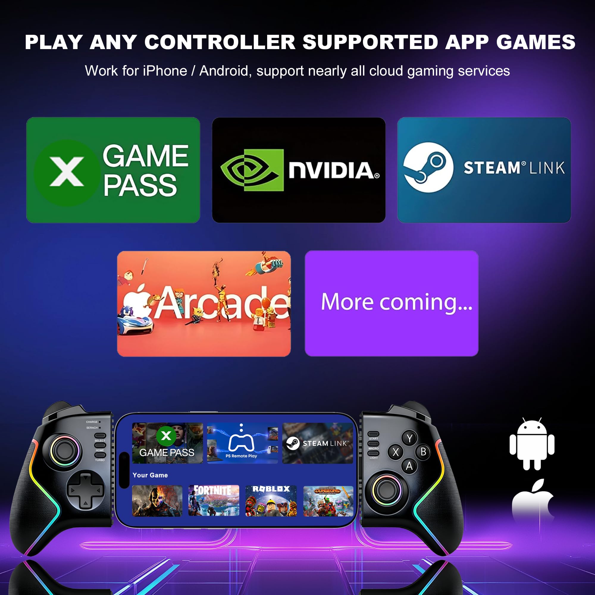 Megadream Controlador de juegos para iPad/tablet (hasta 13 pulgadas), mando móvil con joysticks y disparadores, macro, turbo, iluminación RGB, mando a distancia para Xbox/PS5/PS4/PC