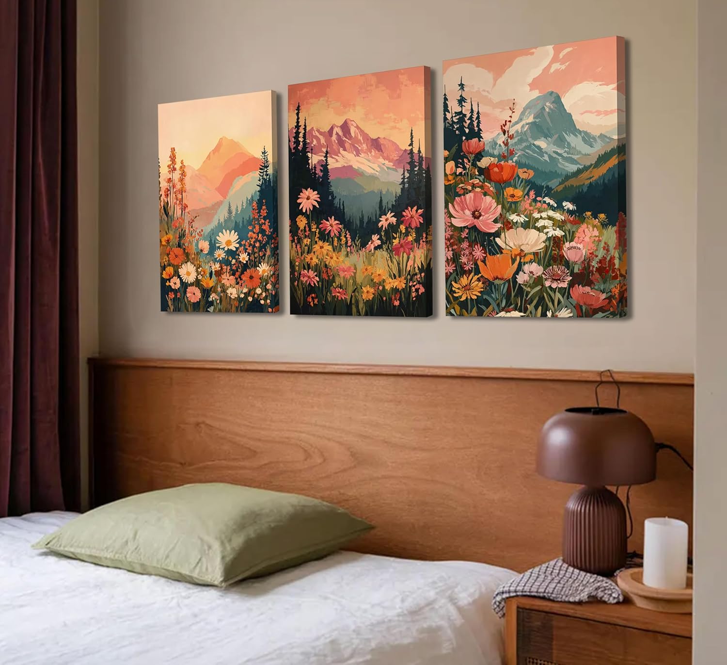 3Pcs Boho Mountain Canvas Wall Art Vintage Wildflower Mountains Poster Prints Abstract Nature Sunset Landscape Picture Botanical Paintings Artwork Wall Decor for Living Room Bedroom 16x24in Framed