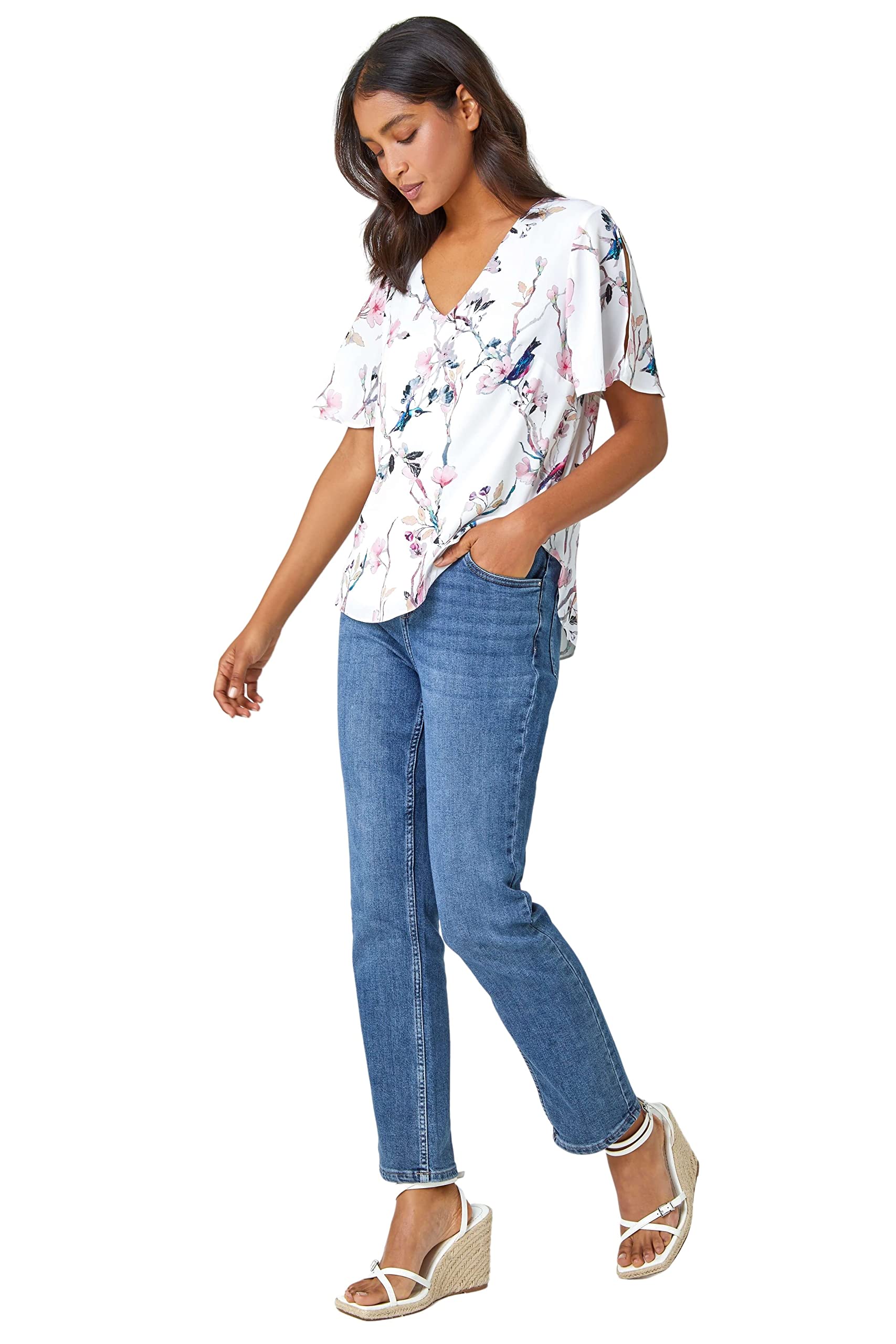 Roman Floral Angel Sleeve V-Neck Top - Ivory