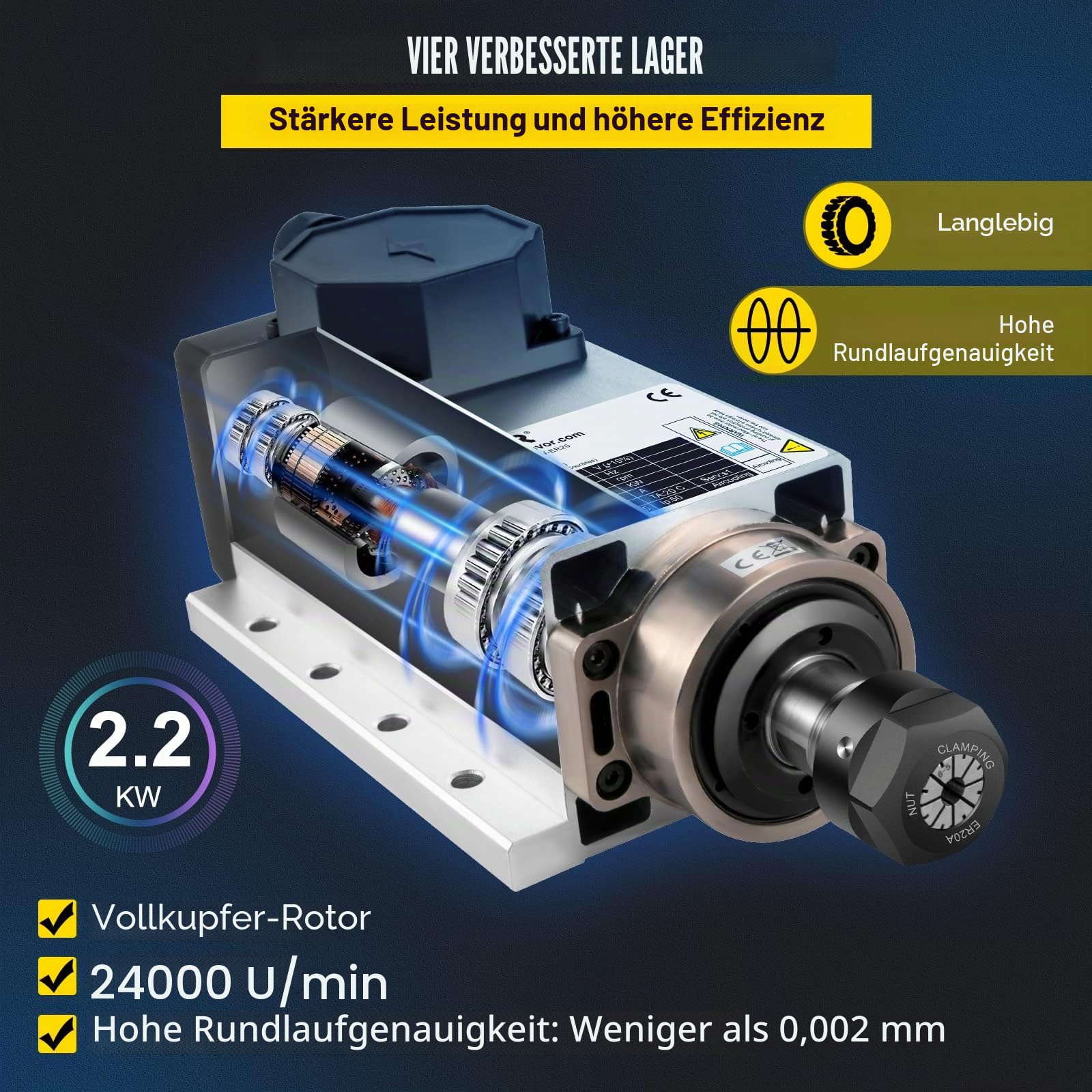 VEVOR Luftgekühlter Spindelmotor mit VFD Inverter-Set, 2,2 kW ER20 CNC Motor für Luftgekühlte Gravierspindelmotor Spindelmotor zum Schnitzen von Materialien wie Holz, Stein usw