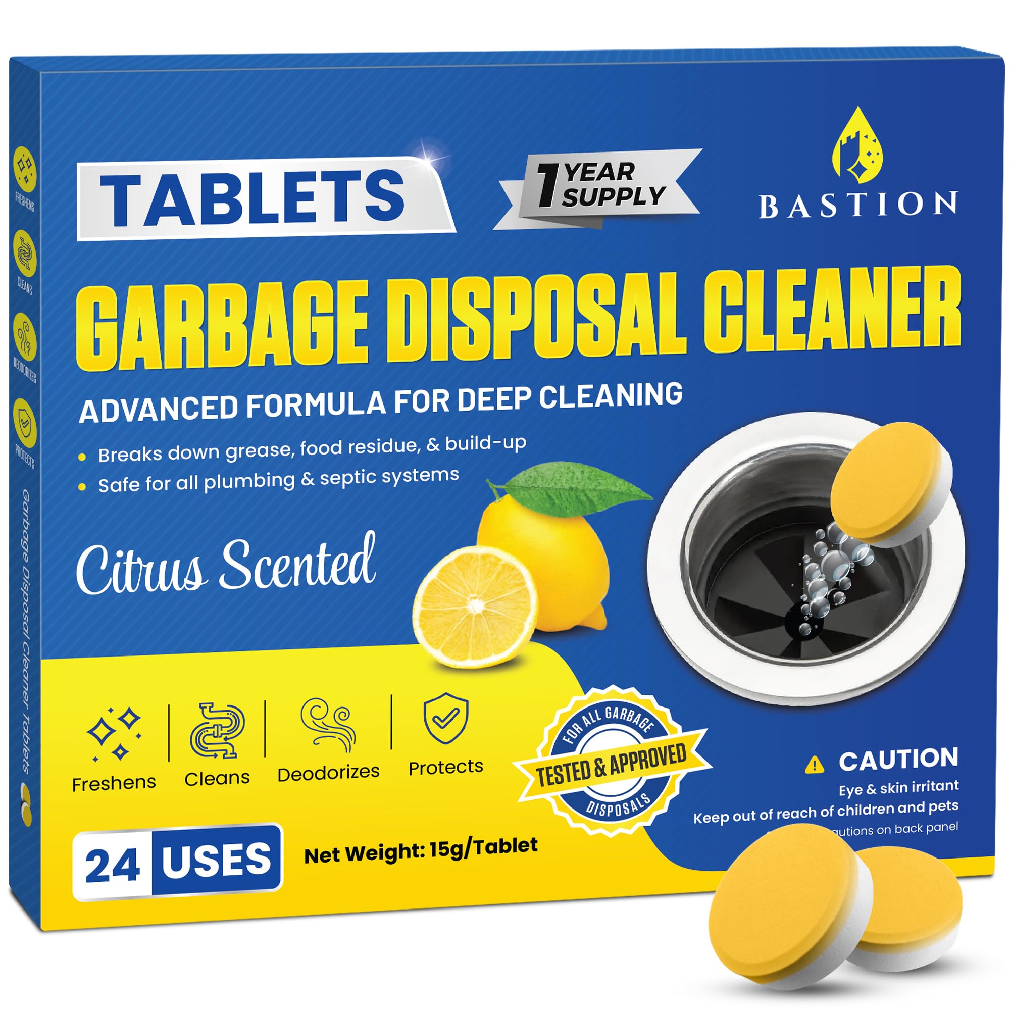 Bastion Garbage Disposal Cleaner Deodorizer Tablets - 24 Pack (1 Year Supply) Powerful Foaming XL 15g Fresh Citrus-Scented Foam Freshener Tabs Clean,