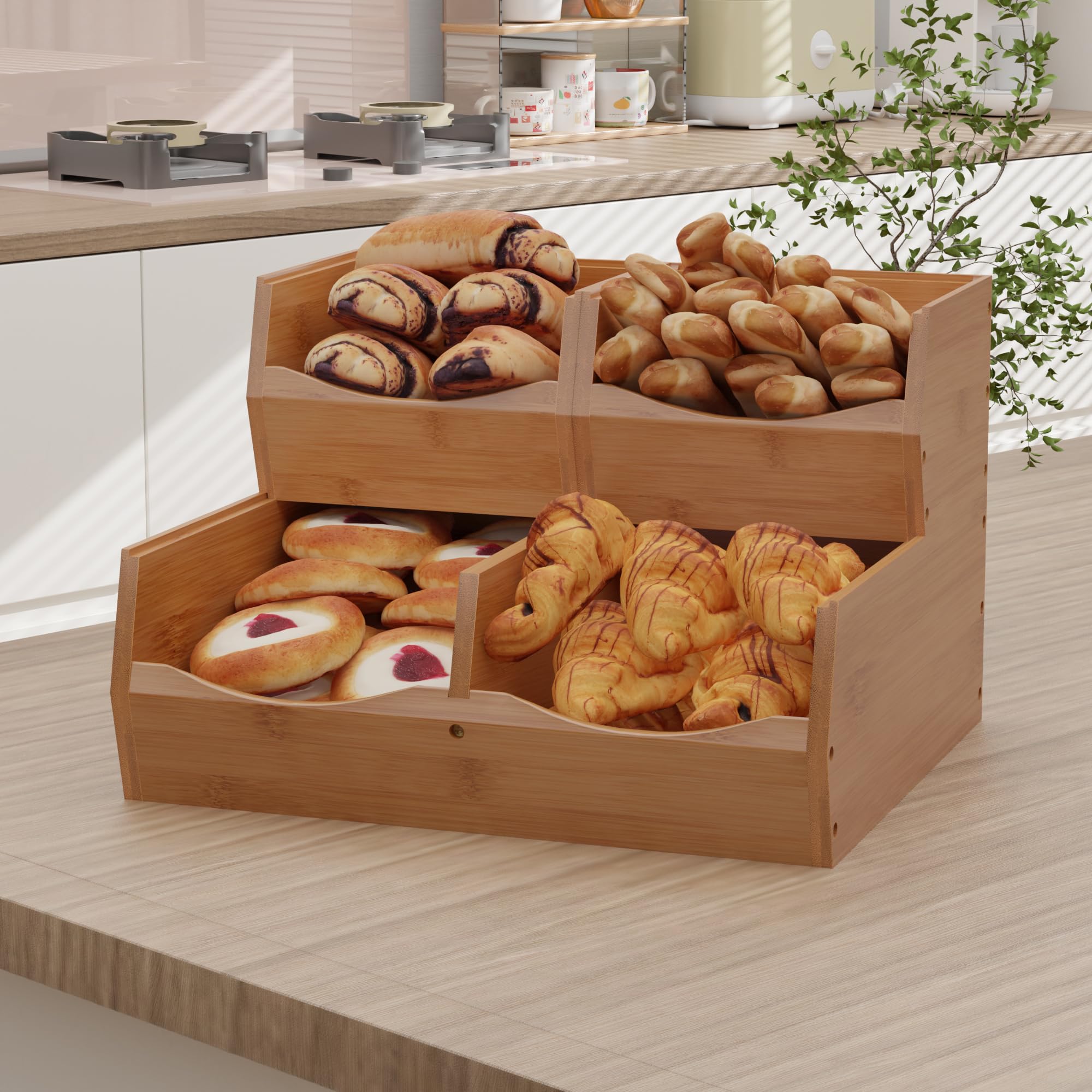 Bamboo Pantry Organizers Set Of 3 - Stackable Open-Front Storage Bins For Kitchen, Counter & Shelves