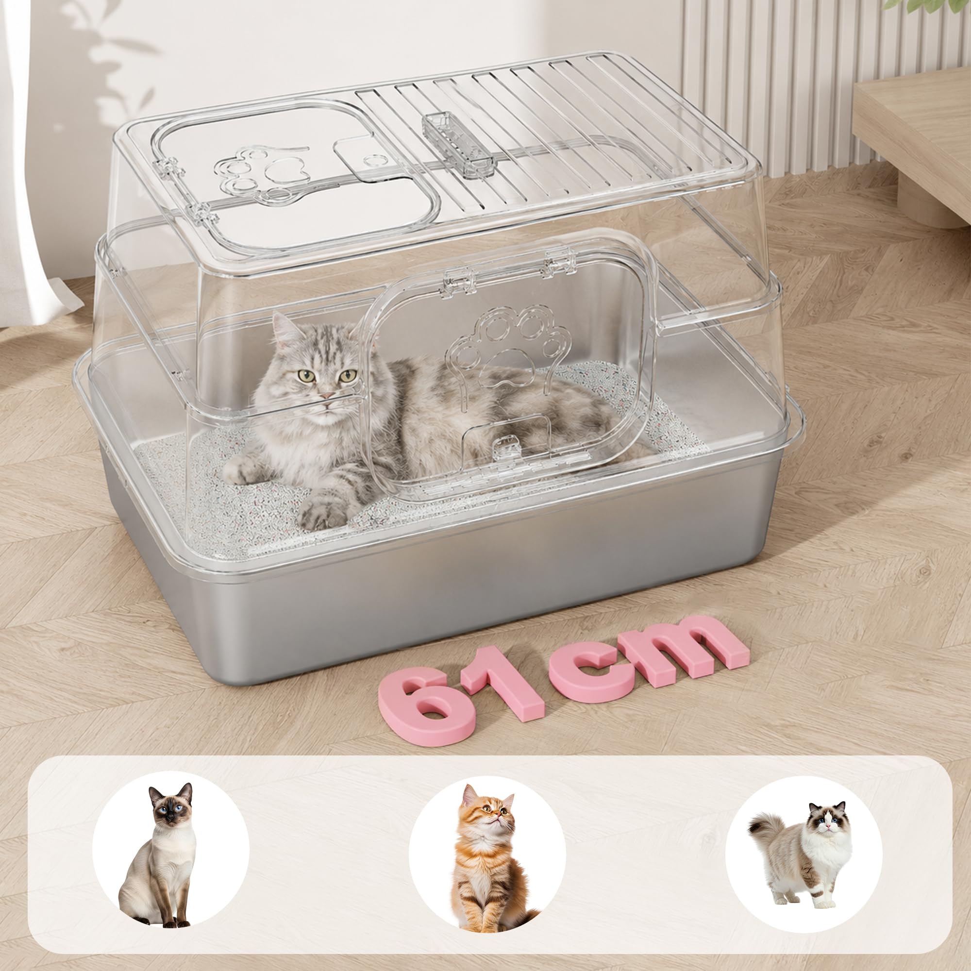 XL Katzentoilette Edelstahl mit Deckel, 2 in 1 Katzenklo Offen oder Geschlossen, Große Katzentoilette mit Hohem Rand, Doppeltür Design, Streuschaufel Inklusive, 61 x 41 x 40 cm-Rosa