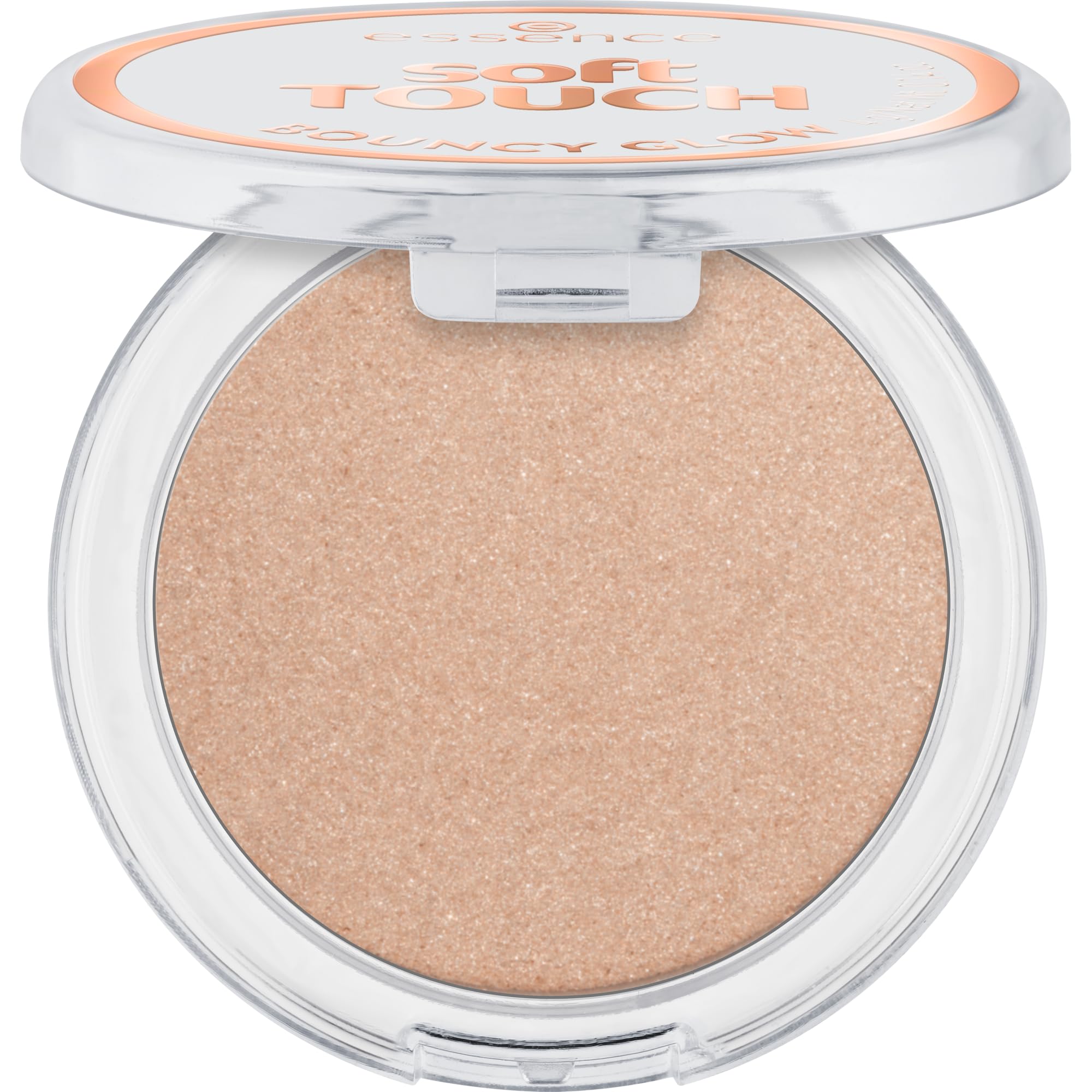 essence soft TOUCH BOUNCY GLOW 30 glazing gleam, iluminador cream-​to-​powder, beige cálido, acabado brillante, aroma a vainilla, textura ligera, 4g