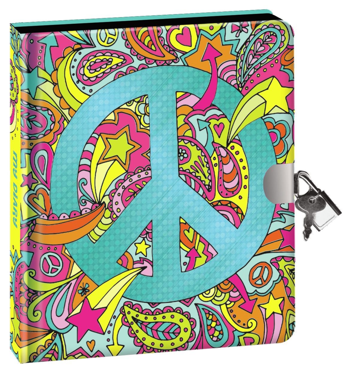 Peaceable Kingdom Paisley Peace Sign Foil Cover 6.25" Lock and Key Diary with Black Pages and Silver Pen