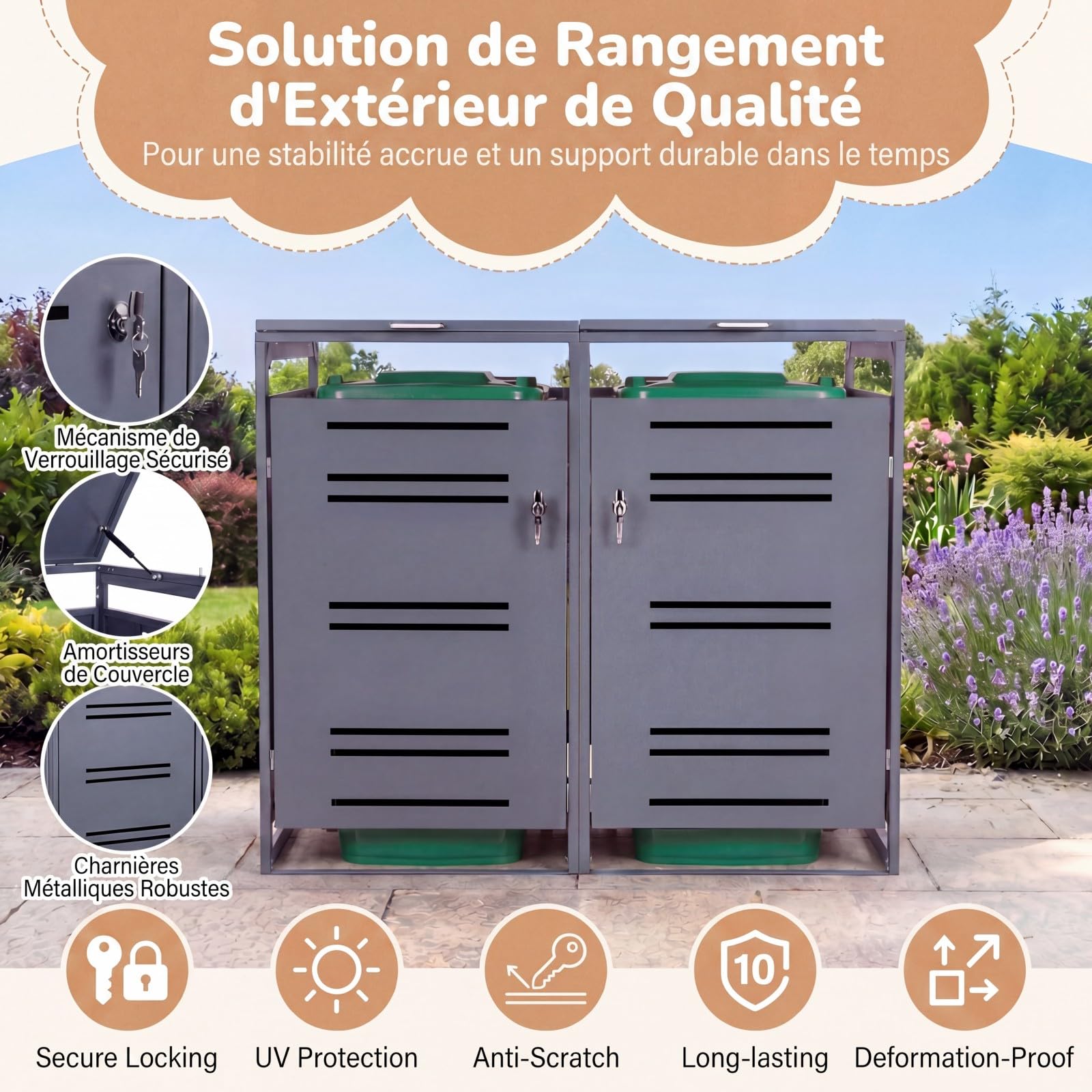 GYMAX Cache Poubelle Extérieur en Métal, Abri Double pour 2 Poubelles de 240 L, Porte Verrouillable, Couvercle Ouvrable, 132 x 80 x 117 cm, pour Jardin, Pelouse, Terrasse (Gris)