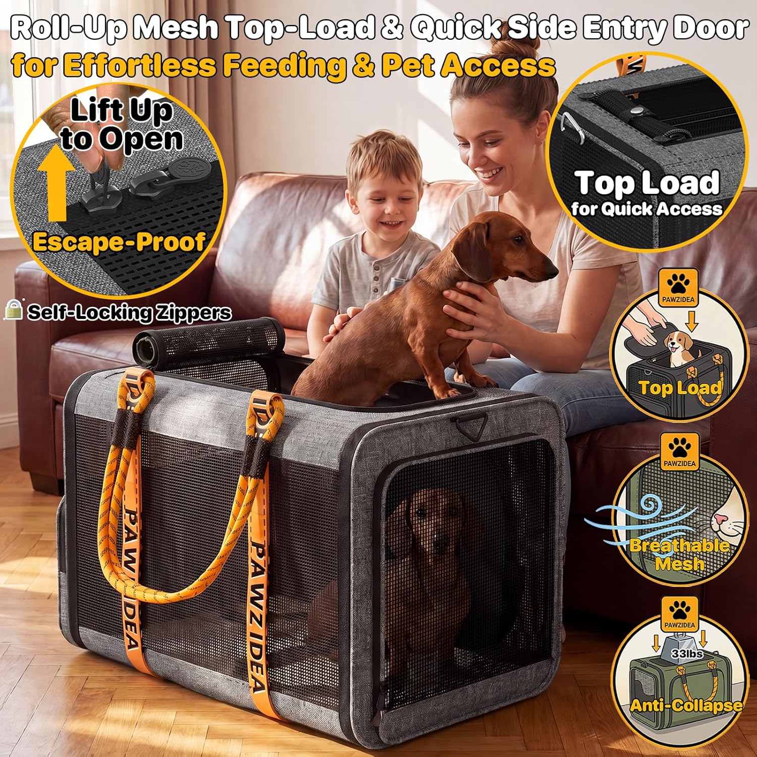 PAWZIDEA Expandable Large Pet Carrier, 24"×16"×16" Soft-Sided Cat Carrier for 2–4 Cats up 55lb, Portable & Collapsible Small Medium Dog Travel Crate for Car, XL Storage Pocket, ID Card, Shoulder Strap