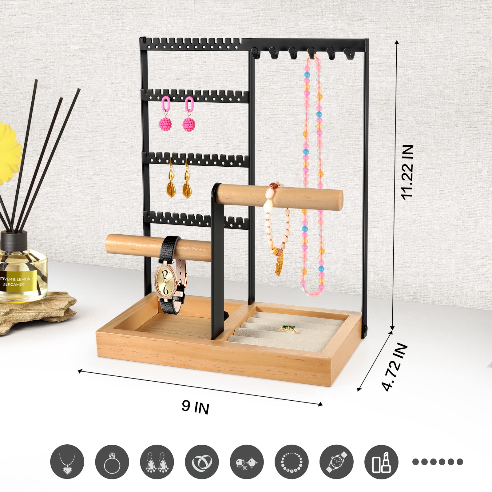 Godboat Jewelry Holder, 4-Tier Earring Holder with 48 Holes, 6 Hooks Necklace Holder, Removable Bracelet Holder, 5-Row Ring Holder for Jewelry, Cool Room Decor and Preppy Stuff ã€?Blackã€‘