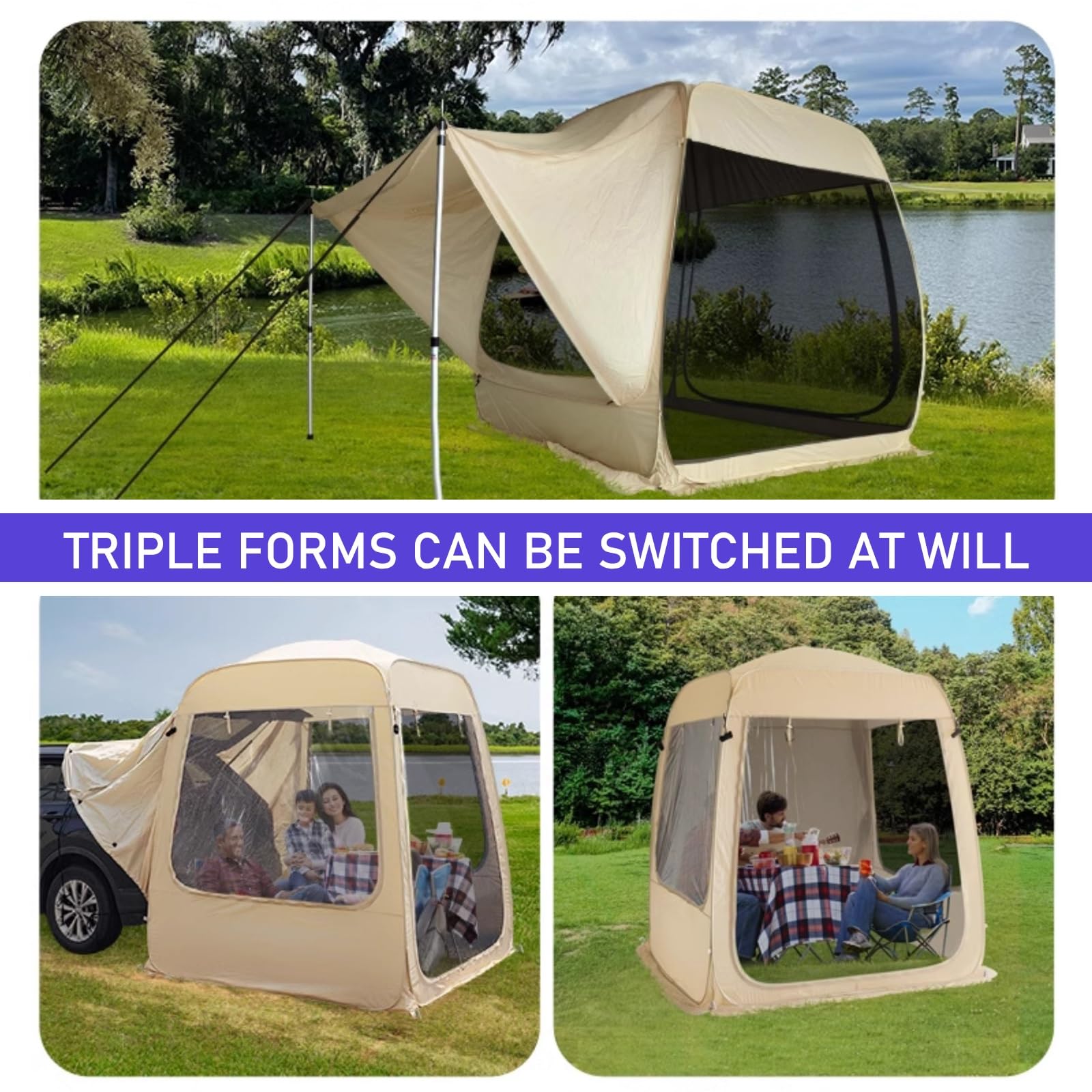 Toldo Camper para Coche, Lona Sombra Exterior Oxford 210D para 4-6 Personas, Toldo Camping de PVC Grueso, Adecuado para SUV, Coche y Jeep