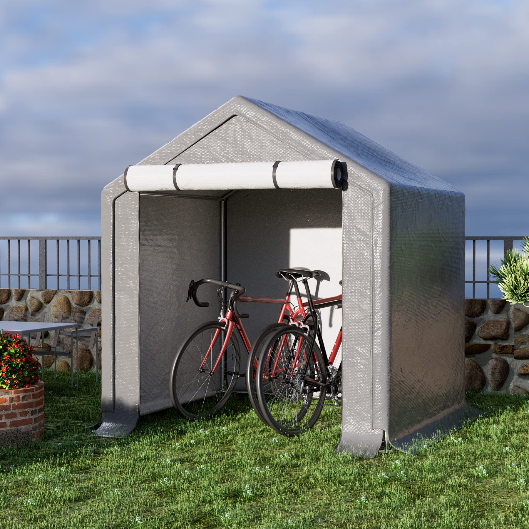 6x6 ft Outdoor Storage Shelter with Zipper Door, Portable Garages Shelters, Waterproof and UV Resistant Carport Shed for Bicycle, Motorcycle ATV, Lawn Mowers (6x6 FT)