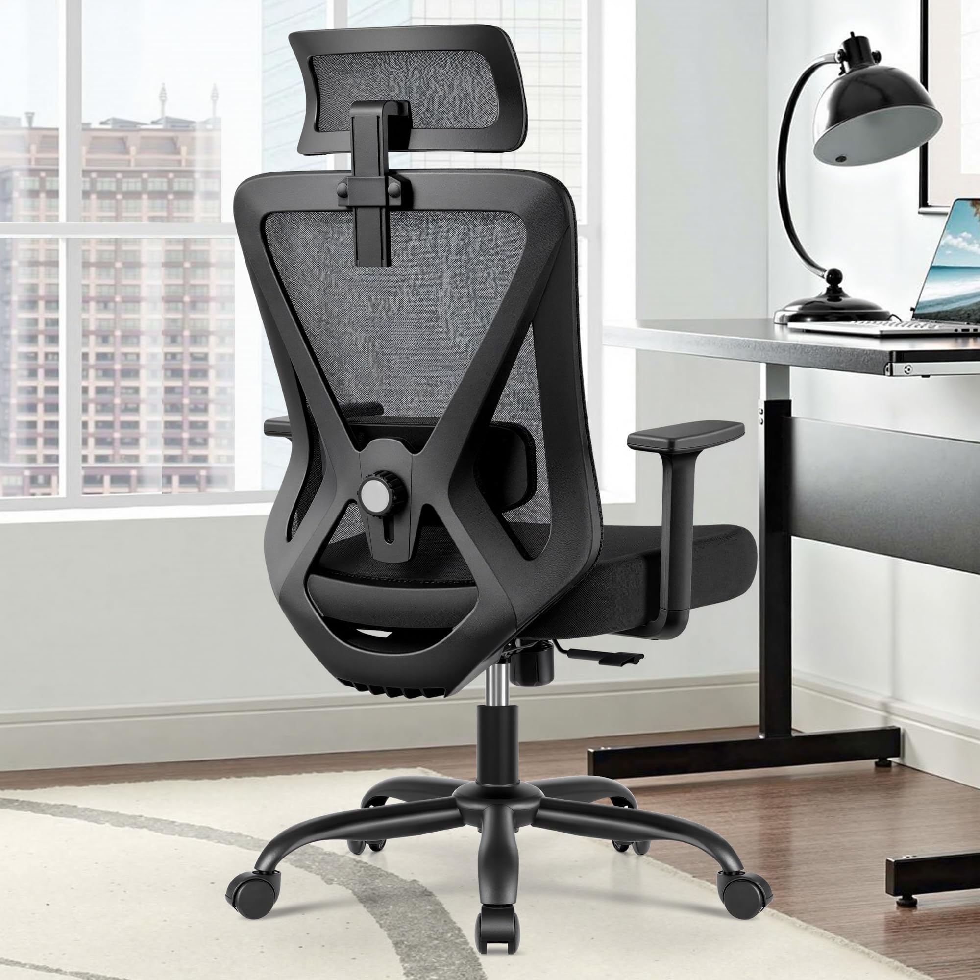 KERDOM Silla de Oficina,Silla Escritorio Ergonomica con Reposacabezas Ajustable y Soporte Lumbar, Reposabrazos, Malla Transpirable, Ruedas Giratorias 360° Negro