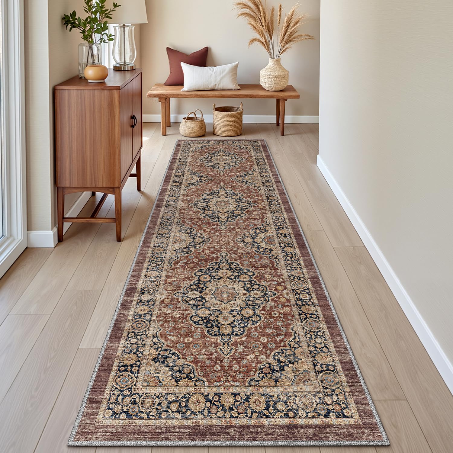 DEXI Hallway Runner Rug 60 x 210 cm, Non-Slip Long Washable Entryway Floor Mats, Absorbent Thin Vintage Carpet Runners for Kitchen, Laundry, Bedside, Rusty Red